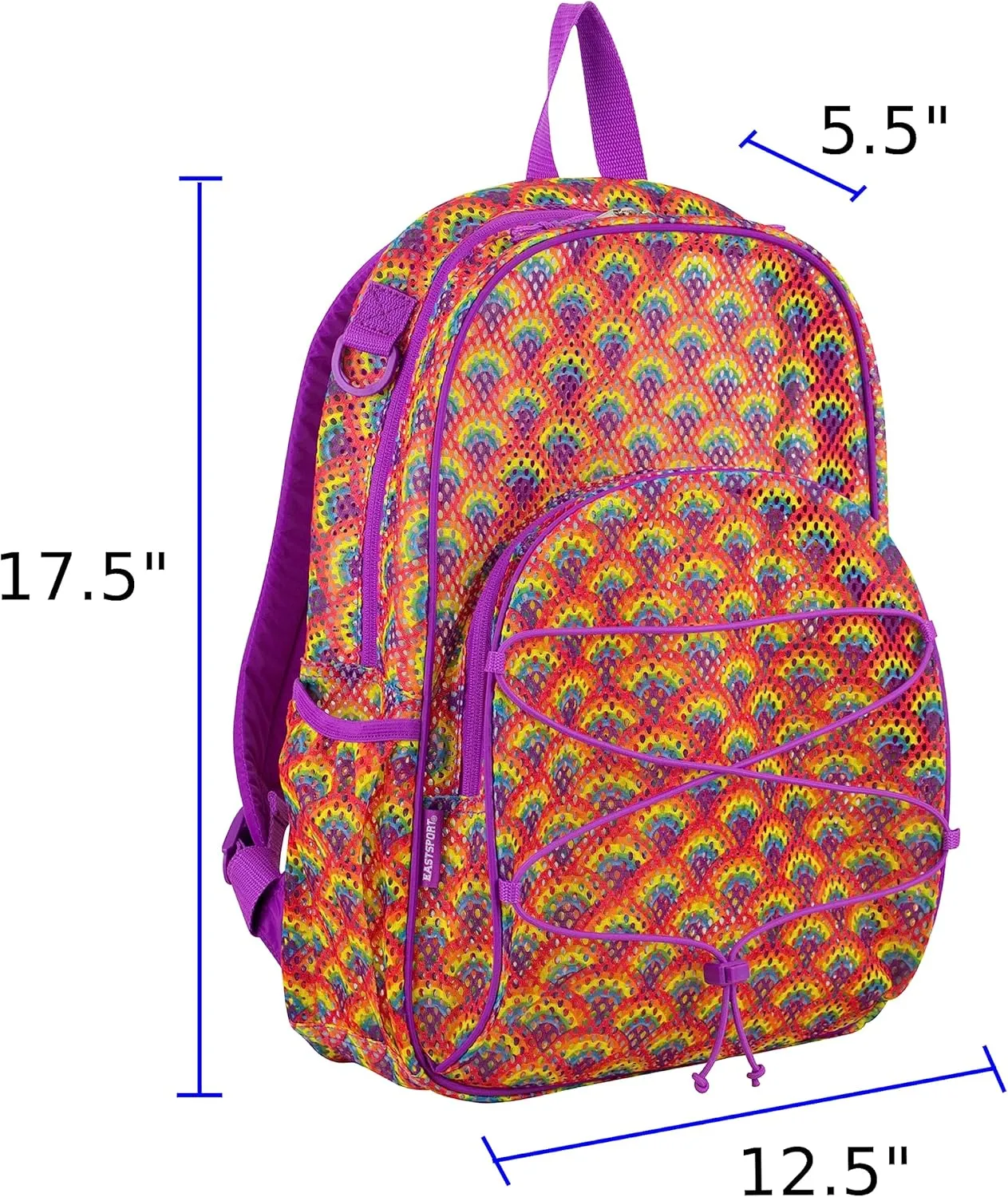 Eastsport Mesh Active Backpack Lightweight Bungee See Through for Travel, College, Swim, Gym Bag with Adjustable Padded Shoulder Straps, Purple Rainbows