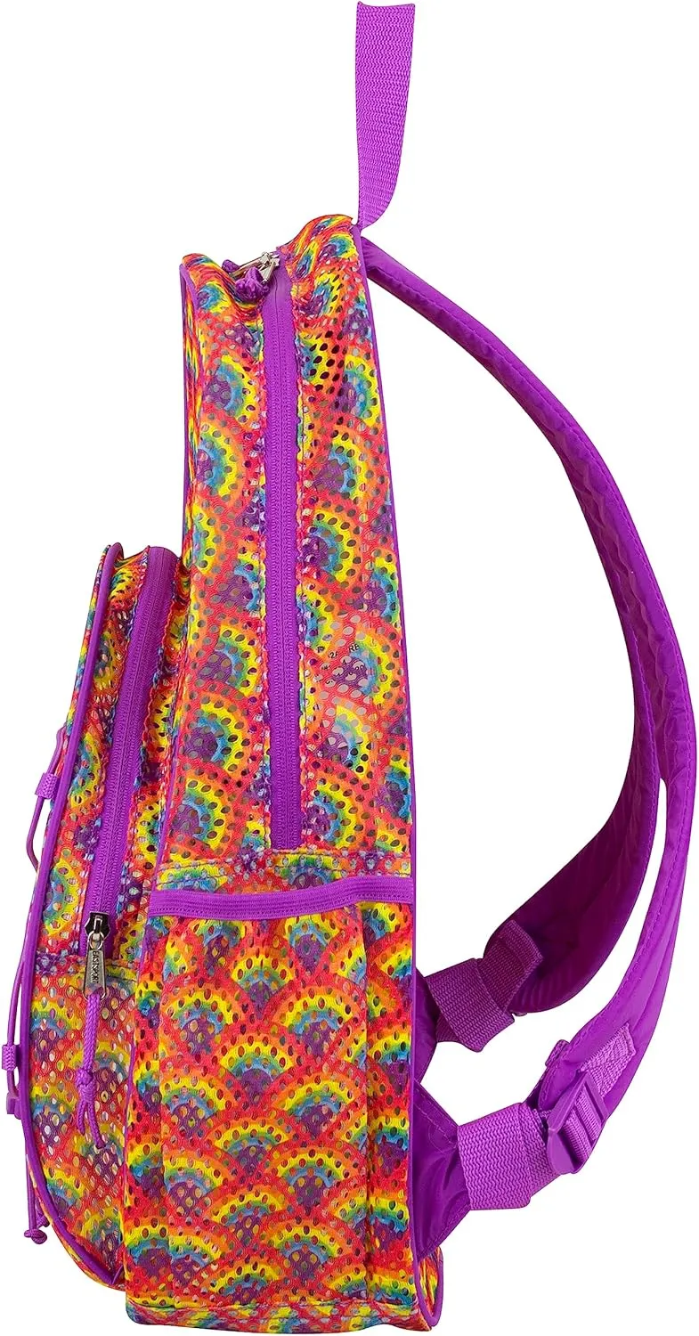 Eastsport Mesh Active Backpack Lightweight Bungee See Through for Travel, College, Swim, Gym Bag with Adjustable Padded Shoulder Straps, Purple Rainbows