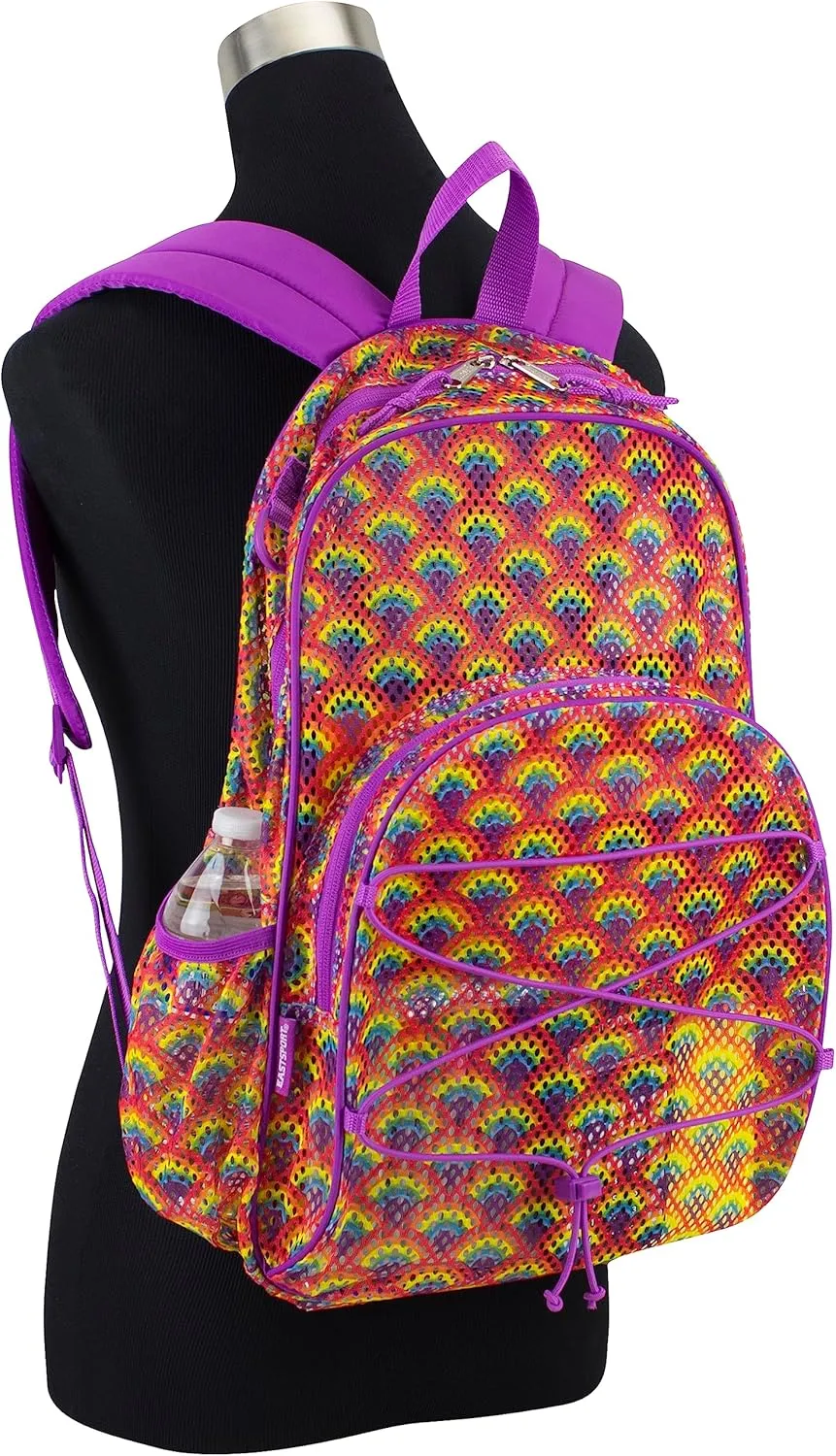 Eastsport Mesh Active Backpack Lightweight Bungee See Through for Travel, College, Swim, Gym Bag with Adjustable Padded Shoulder Straps, Purple Rainbows