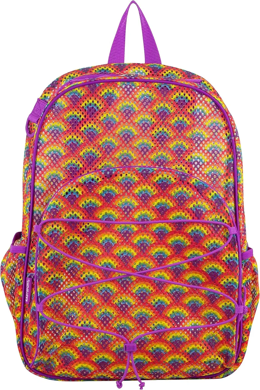 Eastsport Mesh Active Backpack Lightweight Bungee See Through for Travel, College, Swim, Gym Bag with Adjustable Padded Shoulder Straps, Purple Rainbows
