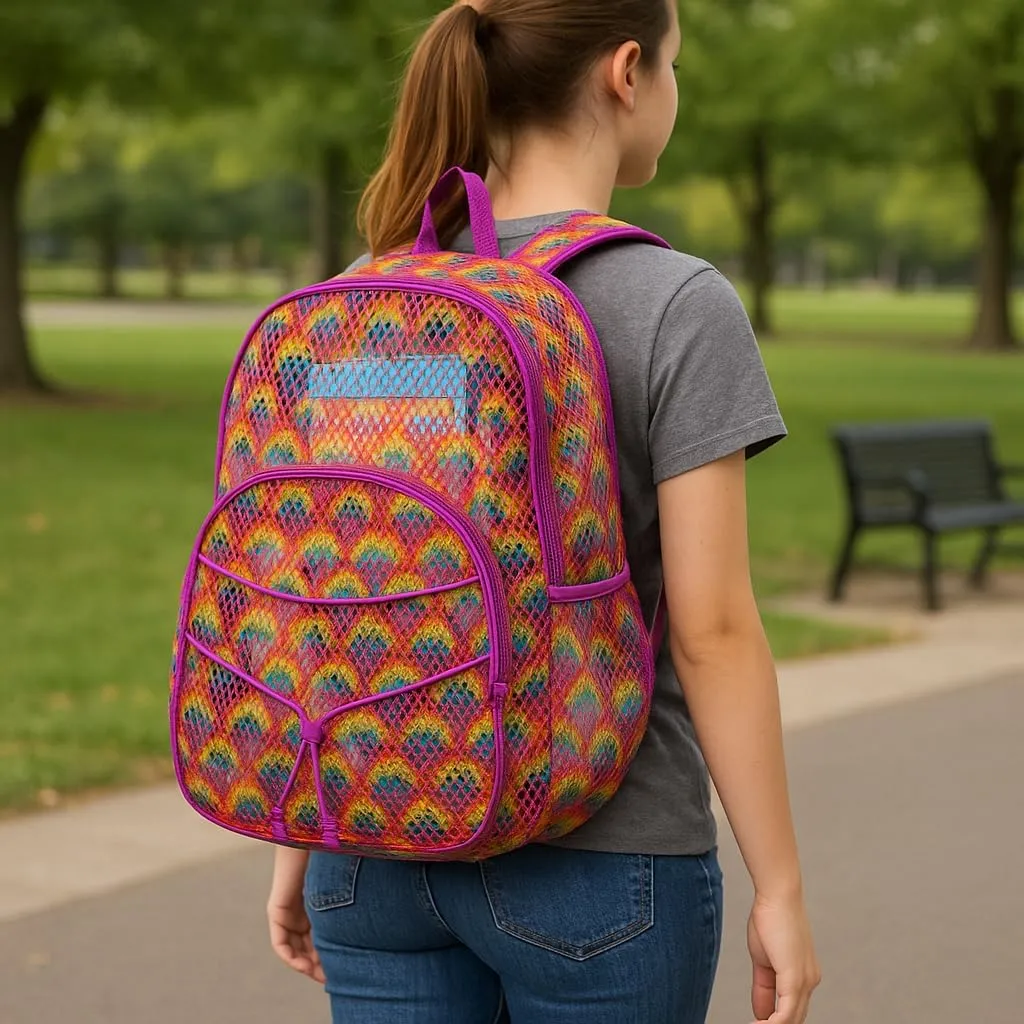 Eastsport Mesh Active Backpack Lightweight Bungee See Through for Travel, College, Swim, Gym Bag with Adjustable Padded Shoulder Straps, Purple Rainbows