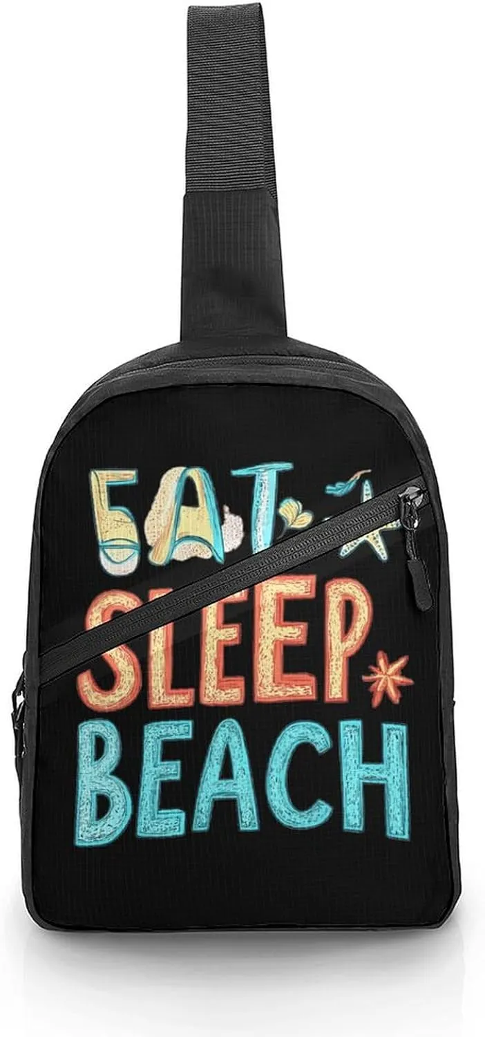 Eat Sleep Beach Chest Bag Foldable Crossbody Unisex Pack Travel Hiking Adjustable Shoulder Straps Sling Bags