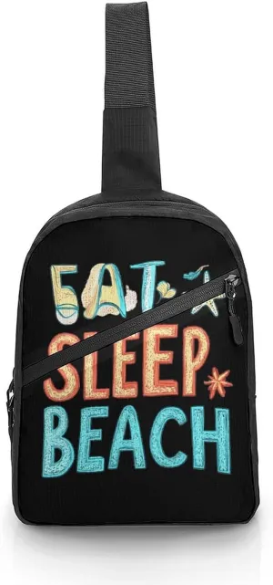 Eat Sleep Beach Chest Bag Foldable Crossbody Unisex Pack Travel Hiking Adjustable Shoulder Straps Sling Bags