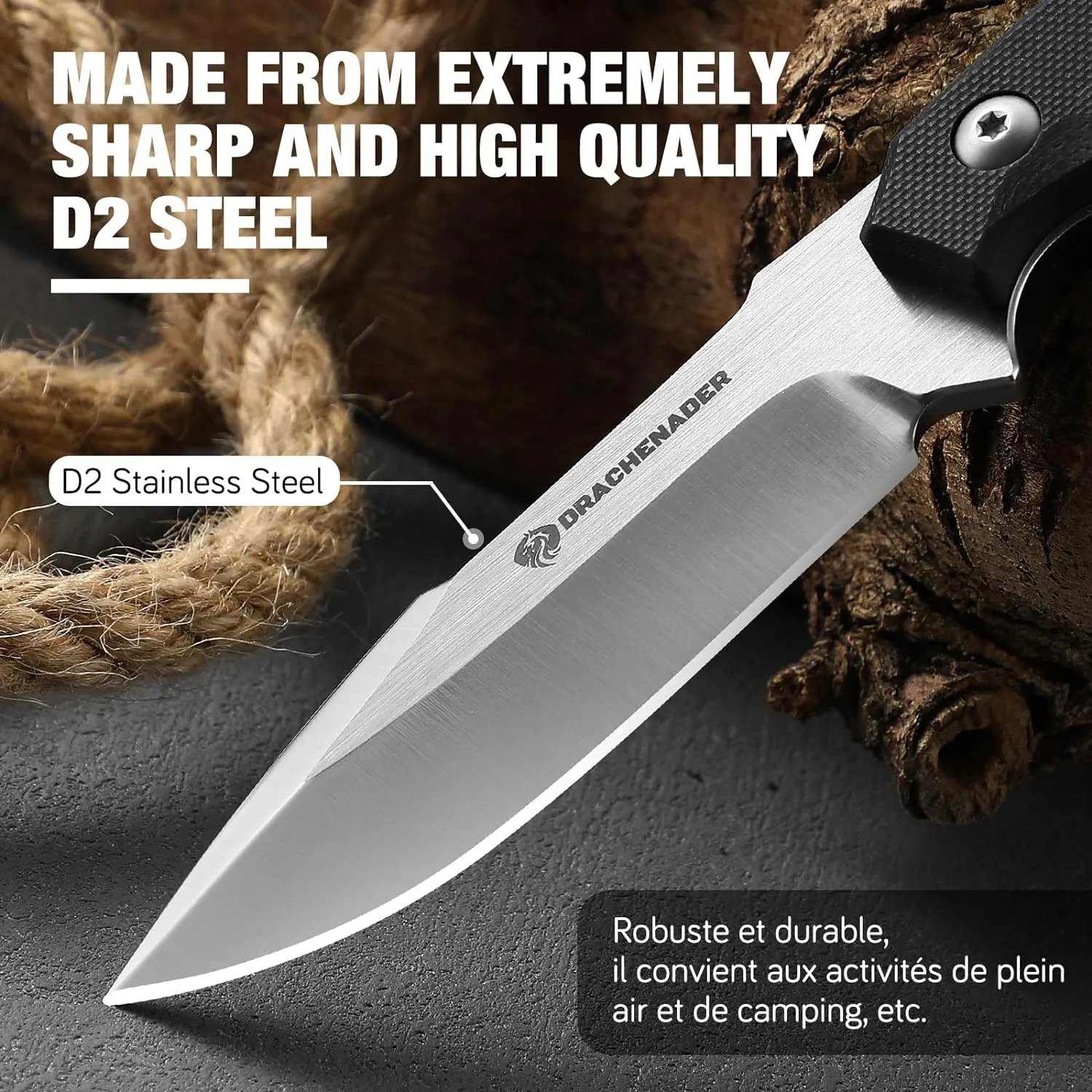 EDC Fixed Blade Knife with Kydex Sheath 7-Inch D2 Steel Small Tactical Knife with Clip Lock, Versatile for Horizontal and Vertical Carry