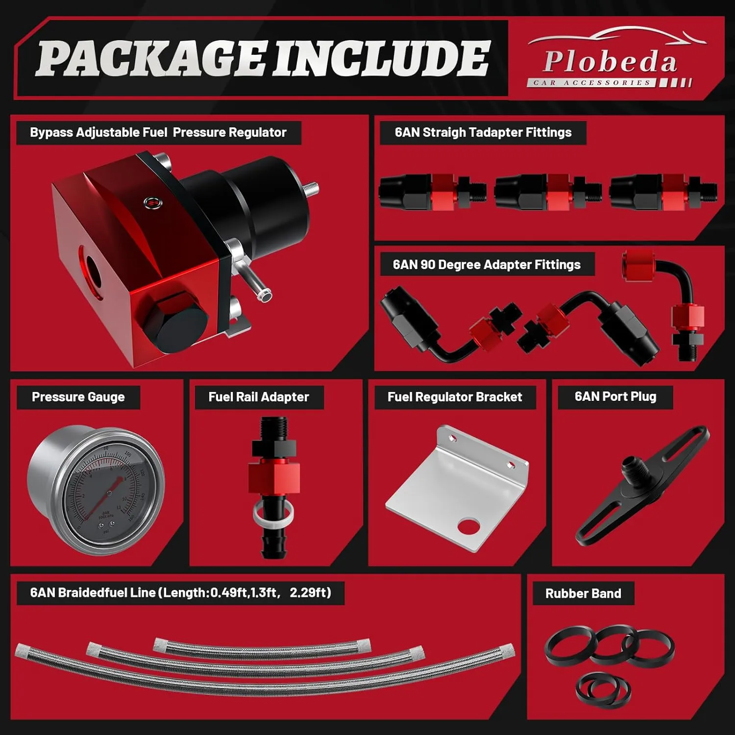 EFI Fuel Pressure Regulator Kit with Bypass Return 0-100psi Pressure Gauge AN6-6AN Fuel Line Hose Fitting Connectors Kit Adjustable Universal Aluminum (Red)