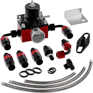 EFI Fuel Pressure Regulator Kit with Bypass Return 0-100psi Pressure Gauge AN6-6AN Fuel Line Hose Fitting Connectors Kit Adjustable Universal Aluminum (Red)