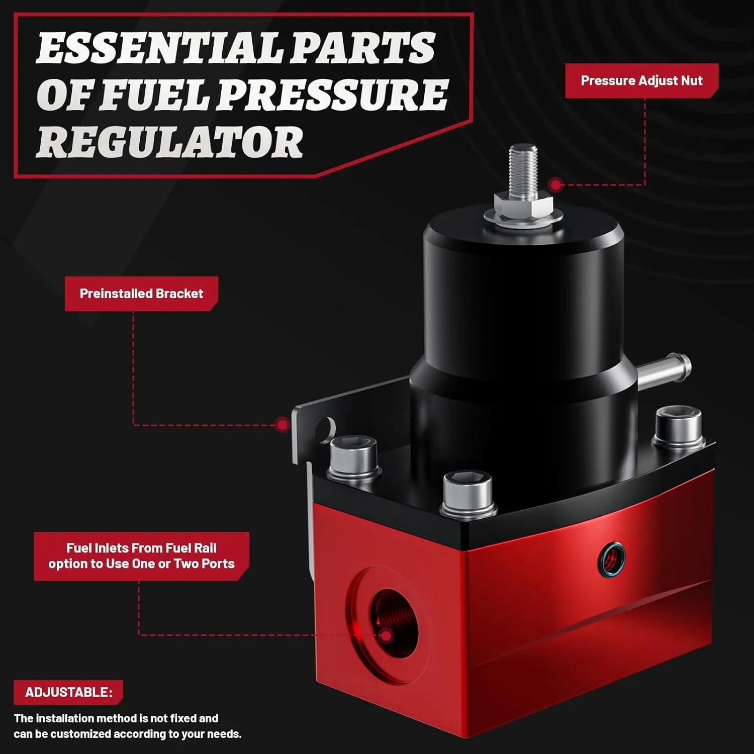 EFI Fuel Pressure Regulator Kit with Bypass Return 0-100psi Pressure Gauge AN6-6AN Fuel Line Hose Fitting Connectors Kit Adjustable Universal Aluminum (Red)