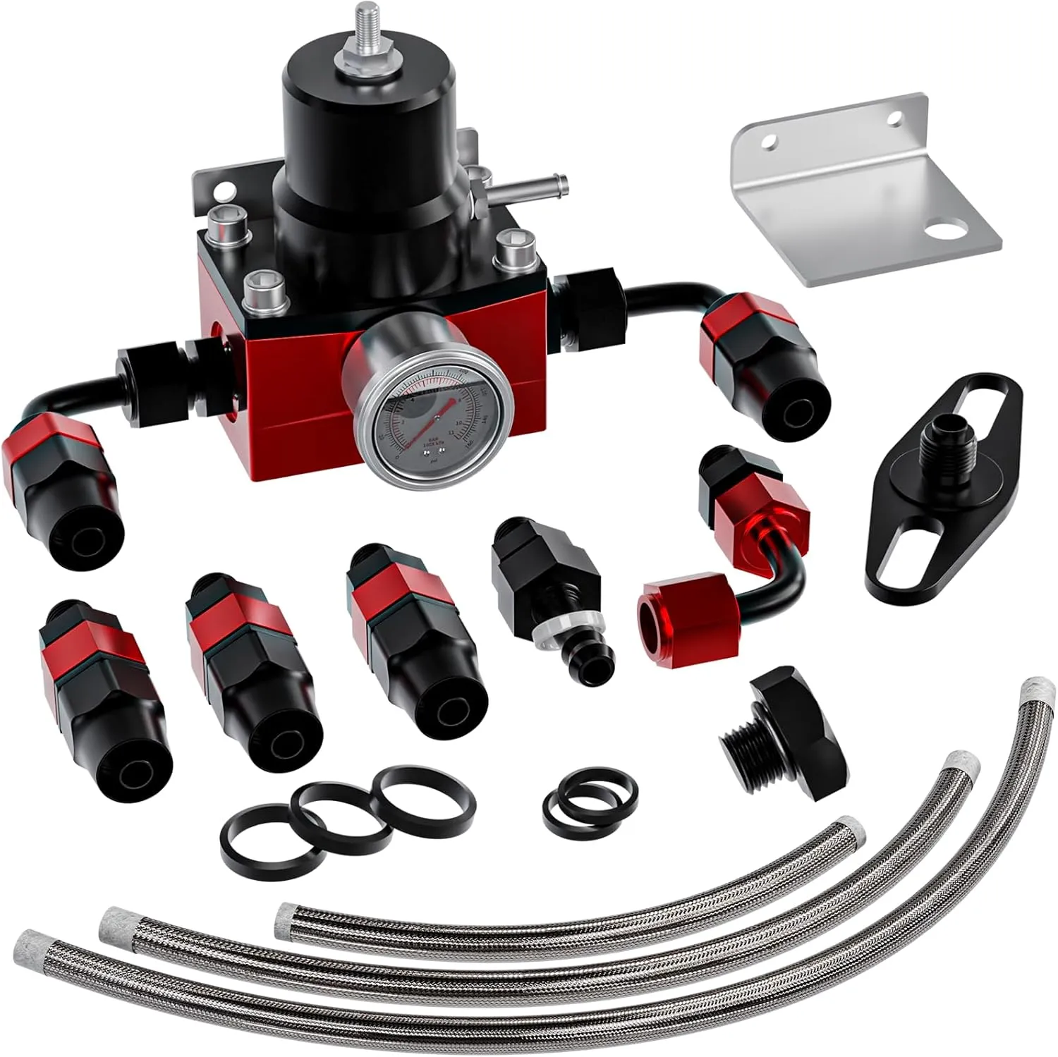 EFI Fuel Pressure Regulator Kit with Bypass Return 0-100psi Pressure Gauge AN6-6AN Fuel Line Hose Fitting Connectors Kit Adjustable Universal Aluminum (Red)