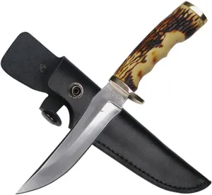 Elk Ridge - Outdoors Fixed Blade Knife - 4.5-in Satin Finish Stainless Steel Persian Blade, Jig Bone Handle and Genuine Leather Sheath - Hunting, Camping, Survival - ER-027