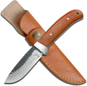 Elk Ridge - Outdoors Fixed Blade Knife - 8-in Overall, 440 Stainless Steel Blade with Hammered Finish, Wood Handle, Leather Sheath - Hunting, Camping, Survival - ER-268