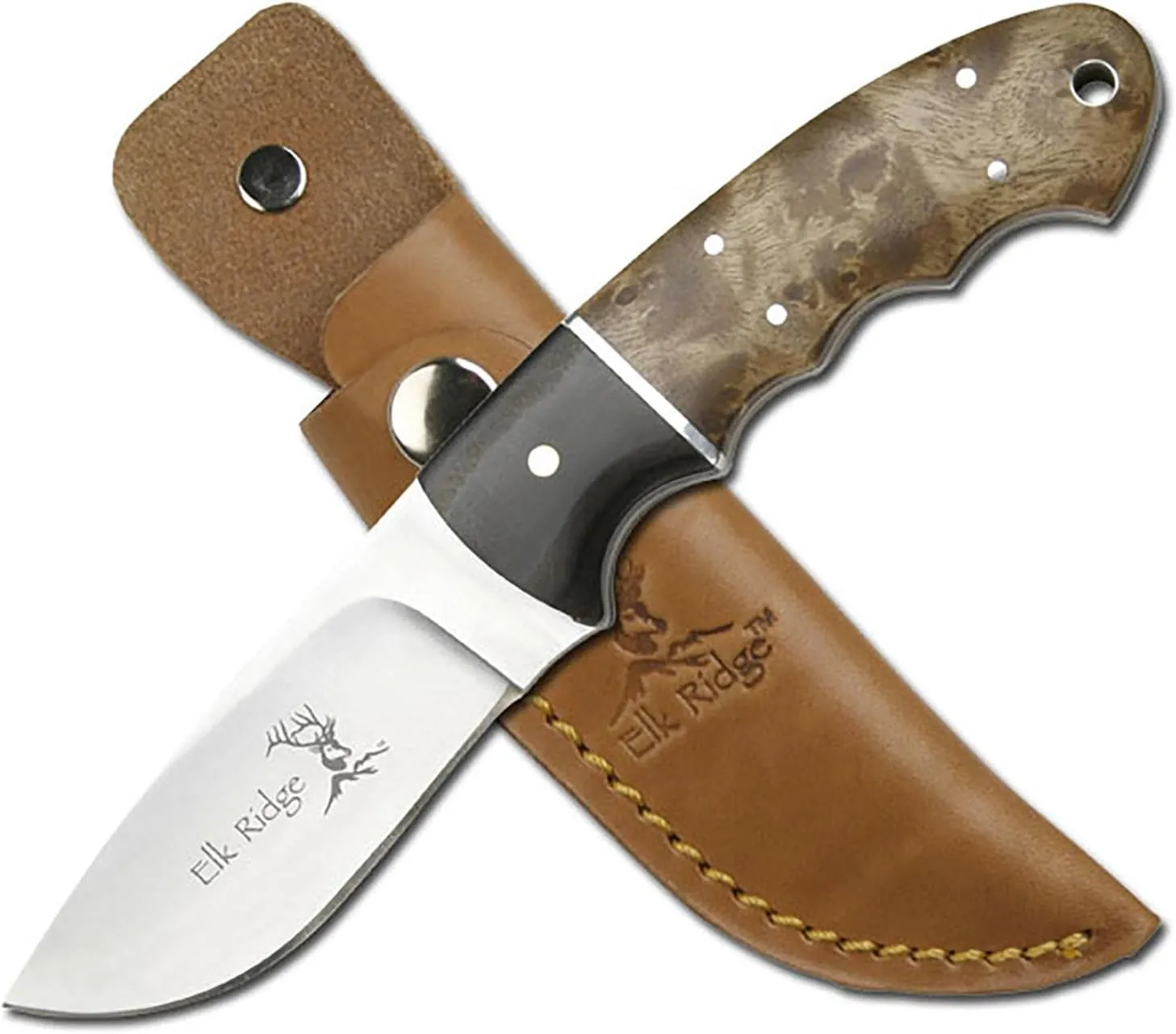 Elk Ridge - Outdoors Fixed blade Knife - 8-in Overall, Mirror Finished 440 Stainless Steel Blade, Full Tang, Burl Wood Handle, Genuine Leather Sheath - Hunting, Camping, Survival - ER-128, Multi, One Size