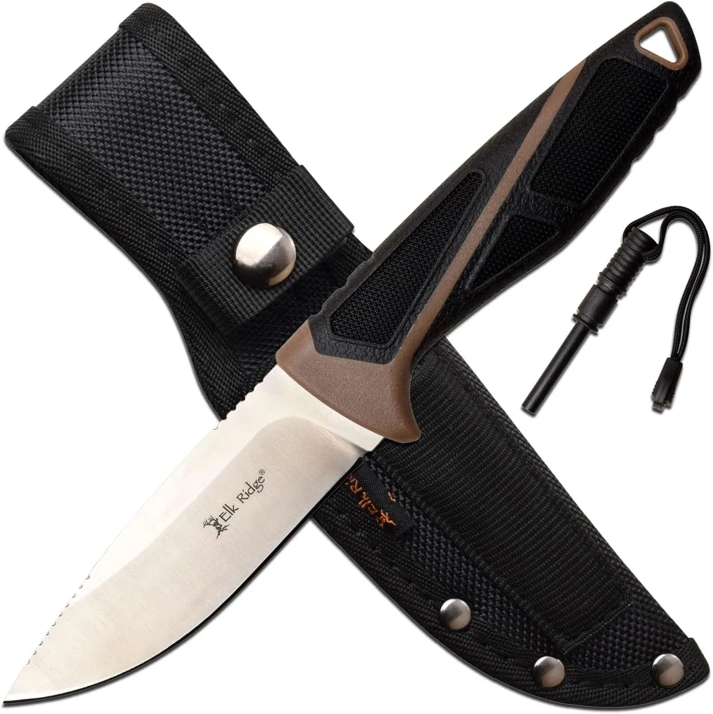 Elk Ridge - Outdoors Fixed Blade Knife - Satin Finish Stainless Steel Blade, Black/Brown Nylon Fiber Handle w/Rubber - Nylon Sheath, Fire Starter - Hunting, Camping, Survival - ER-200-23BR