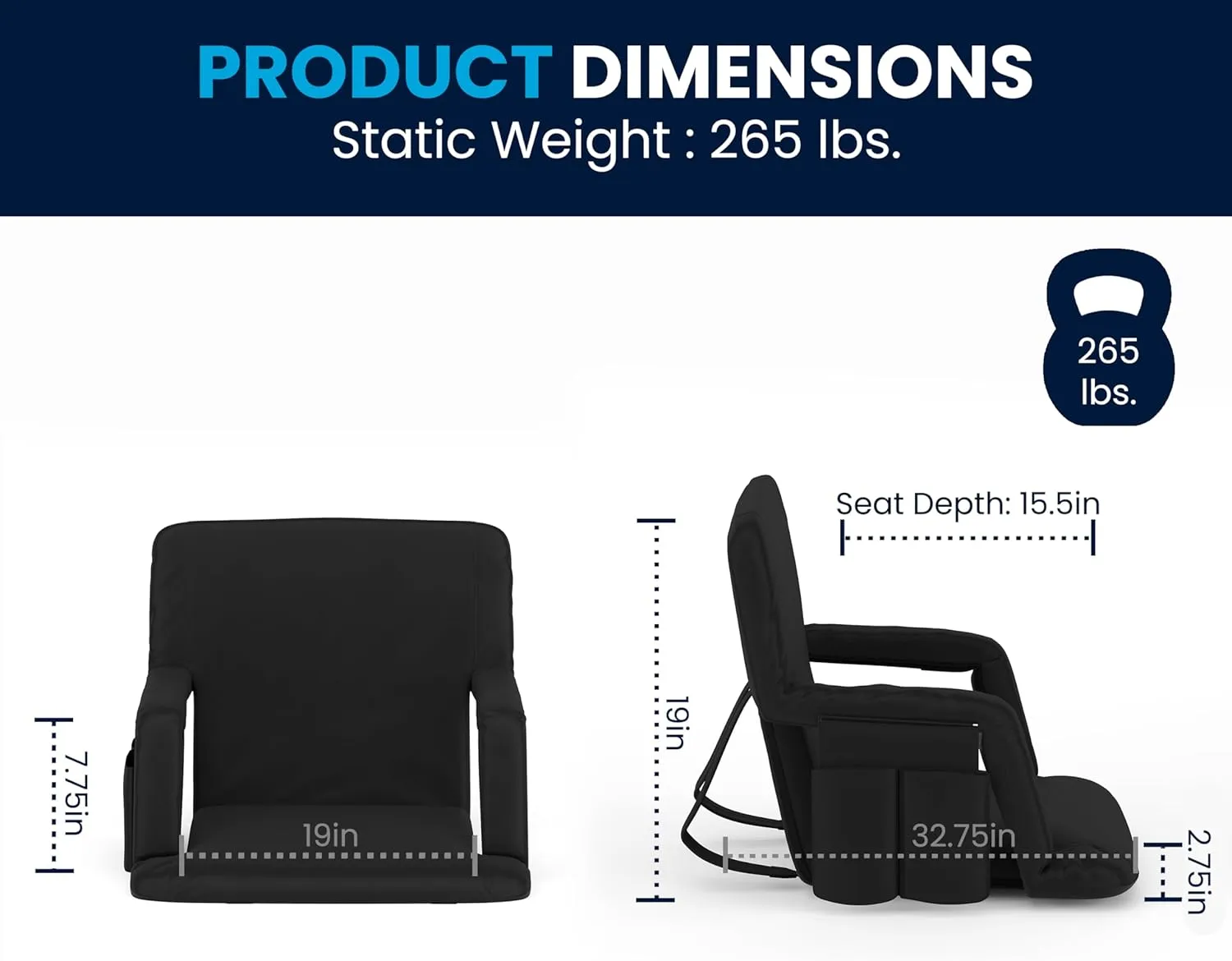 EMMA   OLIVER Extra Wide Portable Stadium Chair with Reclining Padded Back & Seat, Lightweight Metal Frame with Armrests & Backpack Straps