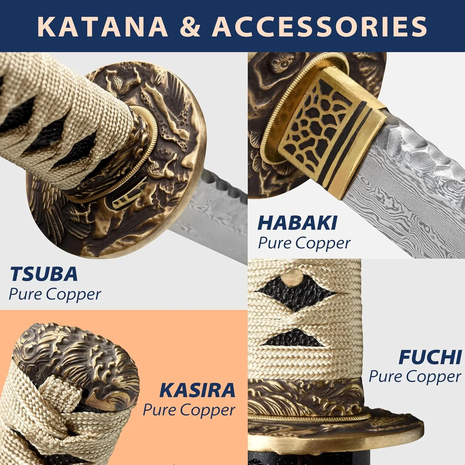 entez Handcrafted Samurai Katana - Premium Damascus/T10 Clay Tempered Blades - Sharp Functional Japanese Swords