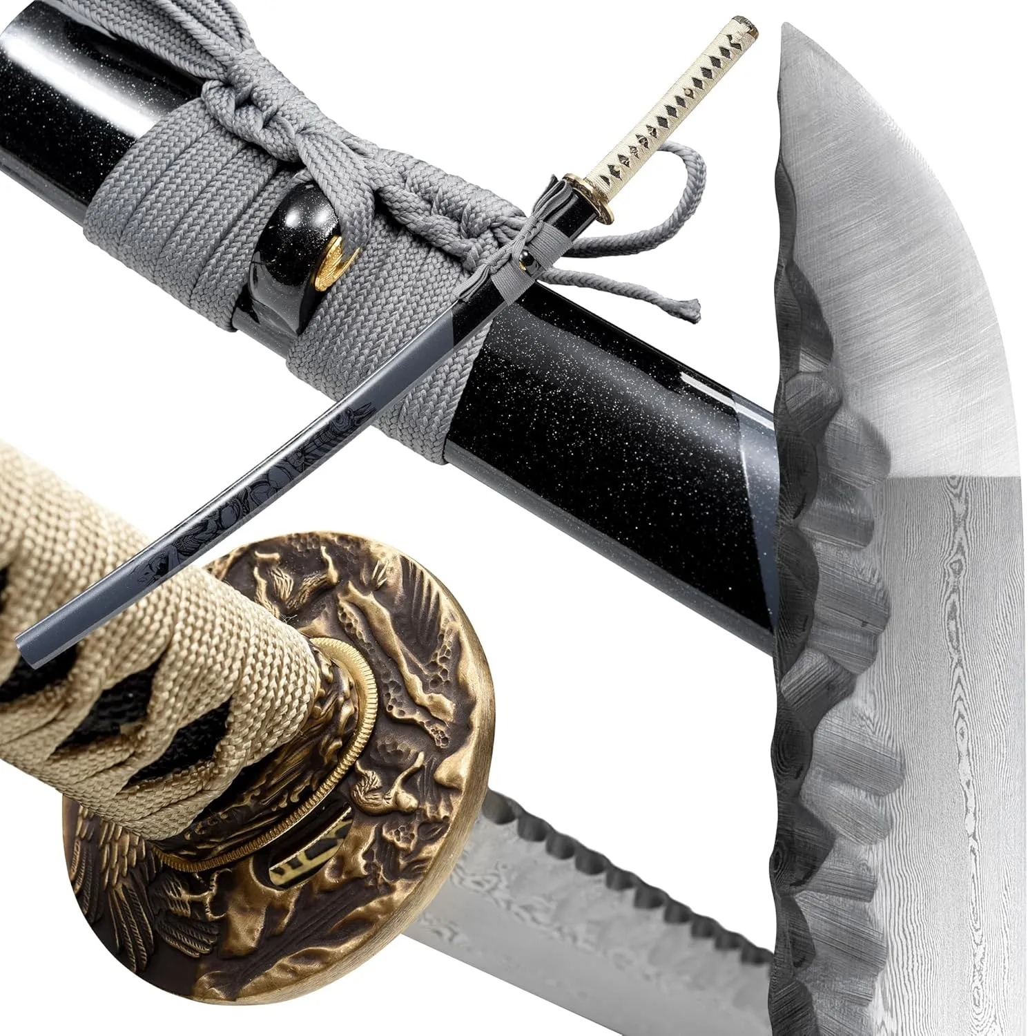 entez Handcrafted Samurai Katana - Premium Damascus/T10 Clay Tempered Blades - Sharp Functional Japanese Swords
