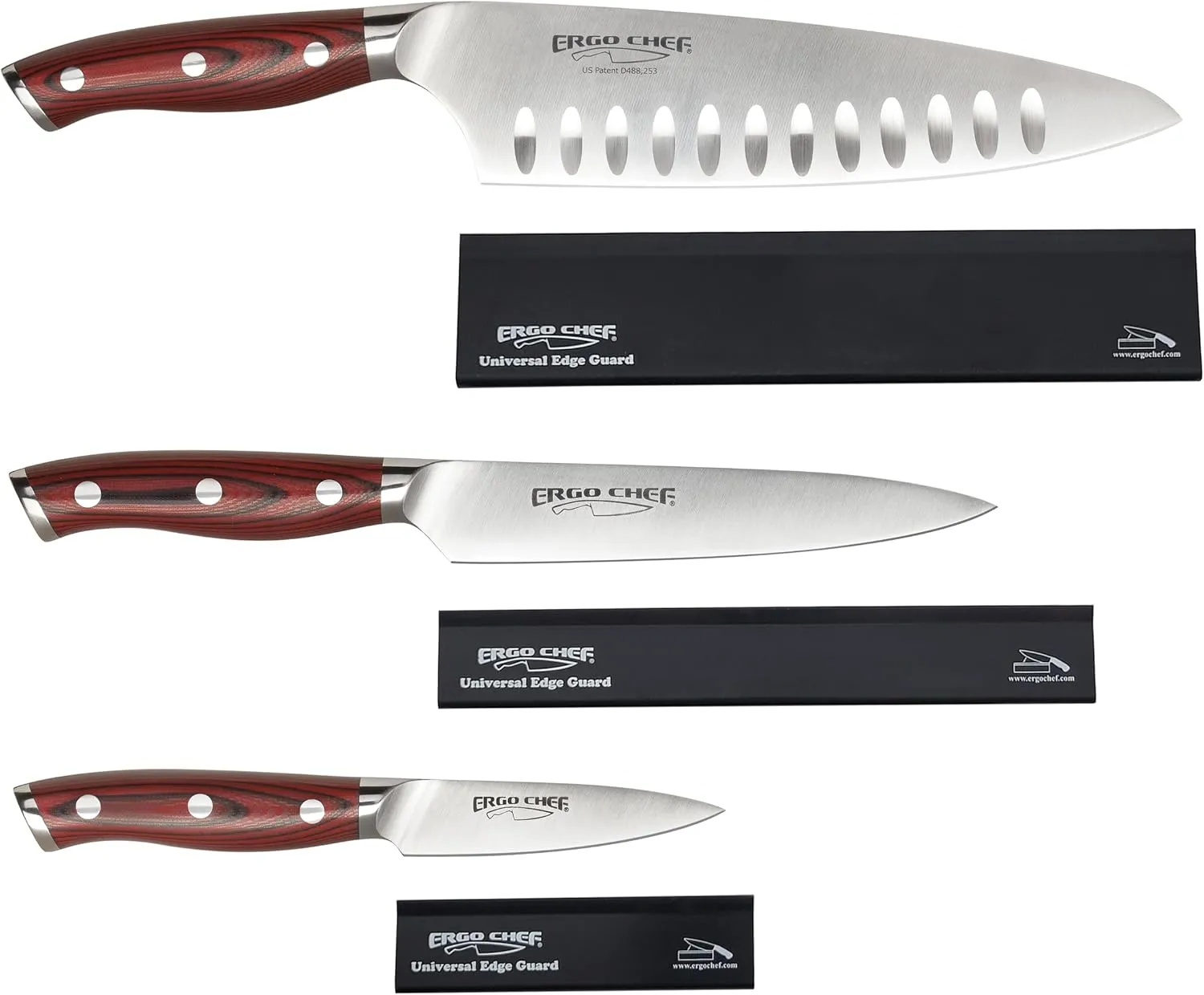 Ergo Chef Crimson Series 6 Pc. Set 8-In Chef knife, 6-In Boning Utility Knife, 3.5-In Paring Knife, 3 Knife Covers/Edge Guards Forged German X50CrMoV15 Stainless Steel, Durable G10 Handles