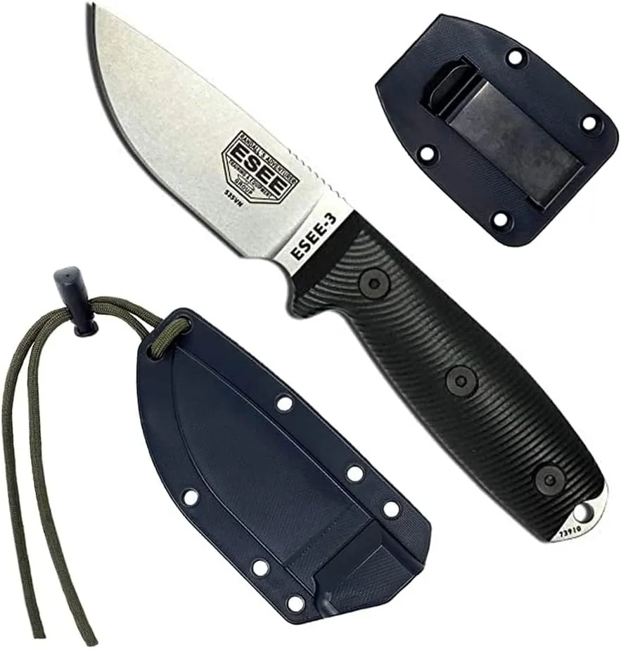 ESEE-3 S35V Fixed Blade Knife, 3D Contoured Handle, Ambidextrous Polymer Sheath, Made in USA