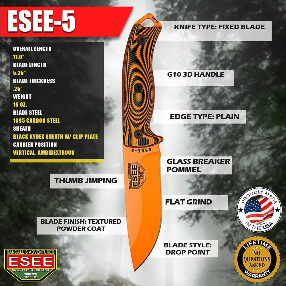 ESEE-5 Fixed Blade Knife, 3D Contoured Handle, 1095 Carbon Steel, Ambidextrous Kydex Sheath, Made in USA