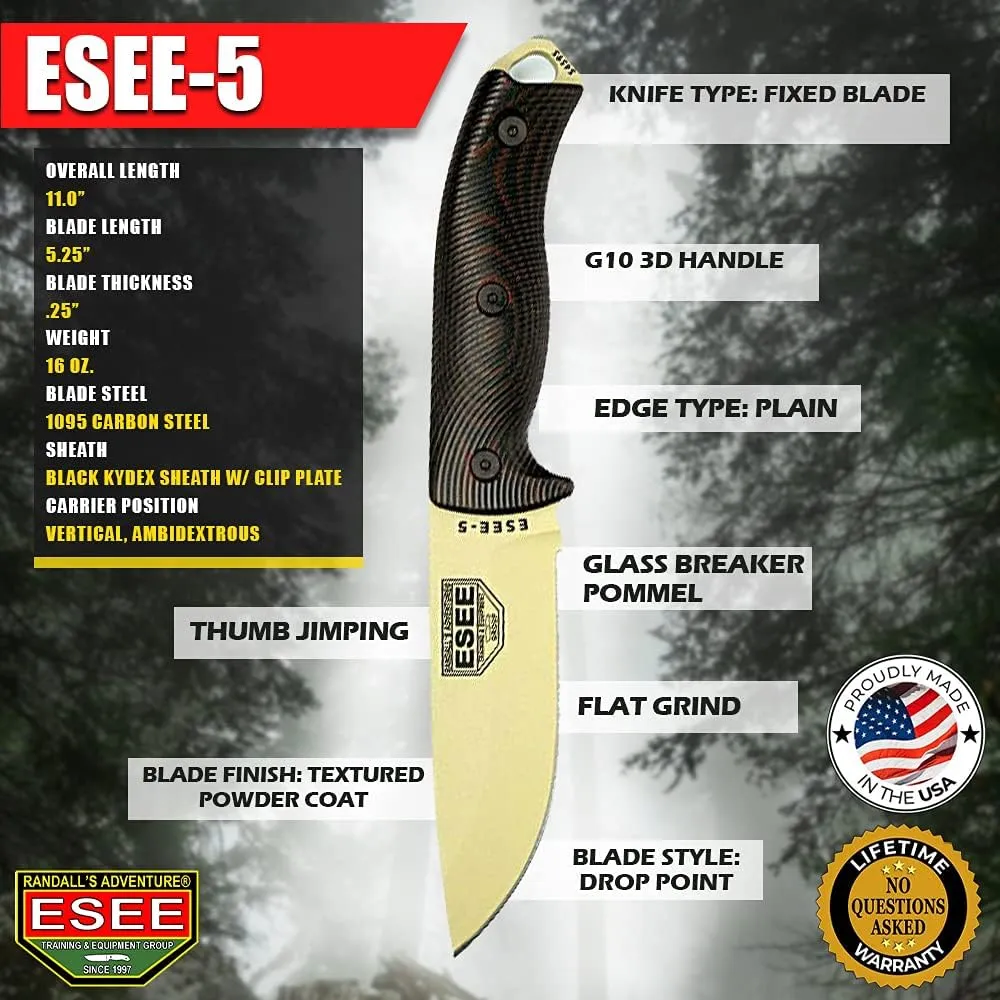 ESEE-5 Fixed Blade Knife, 3D Contoured Handle, 1095 Carbon Steel, Ambidextrous Kydex Sheath, Made in USA