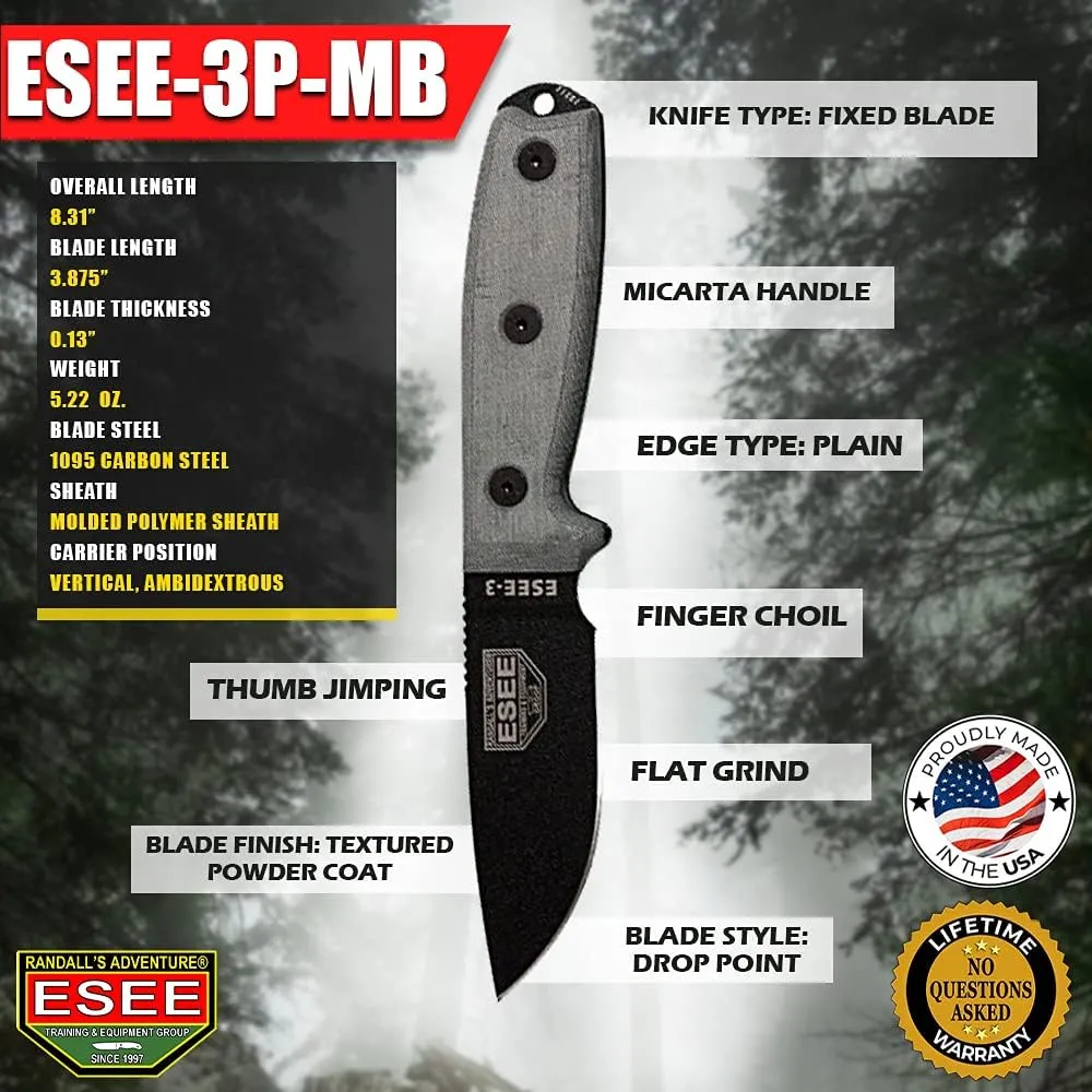 ESEE Knives 3P-MB Fixed Blade Knife w/Molded Polymer Sheath & MOLLE Back (Modified Pommel/Black Blade/Black Sheath)