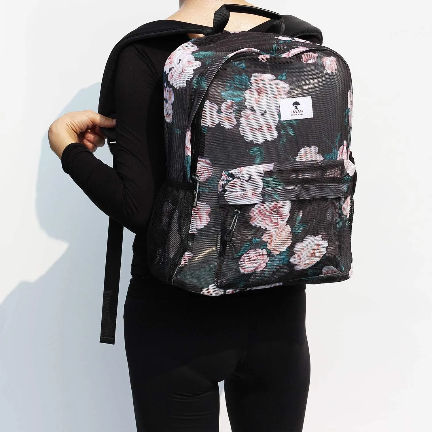 ESVAN Original Print Mesh Backpack Semi-Transparent Sackpack See Through Beach Bag Daypack Multi-Purpose Women Men Unisex