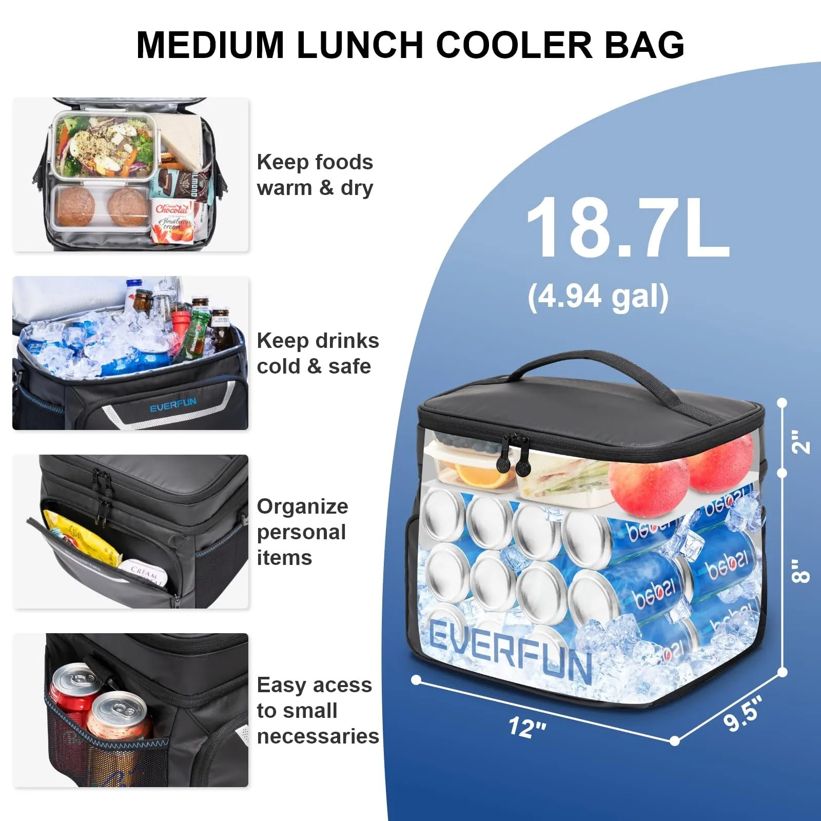 EVERFUN Small Cooler Bag Insulated Beach Cooler Lunch Bag for Men 24 Can Dual Compartments Reusable Waterproof Leak-Proof for Travel Work Picnic, Black