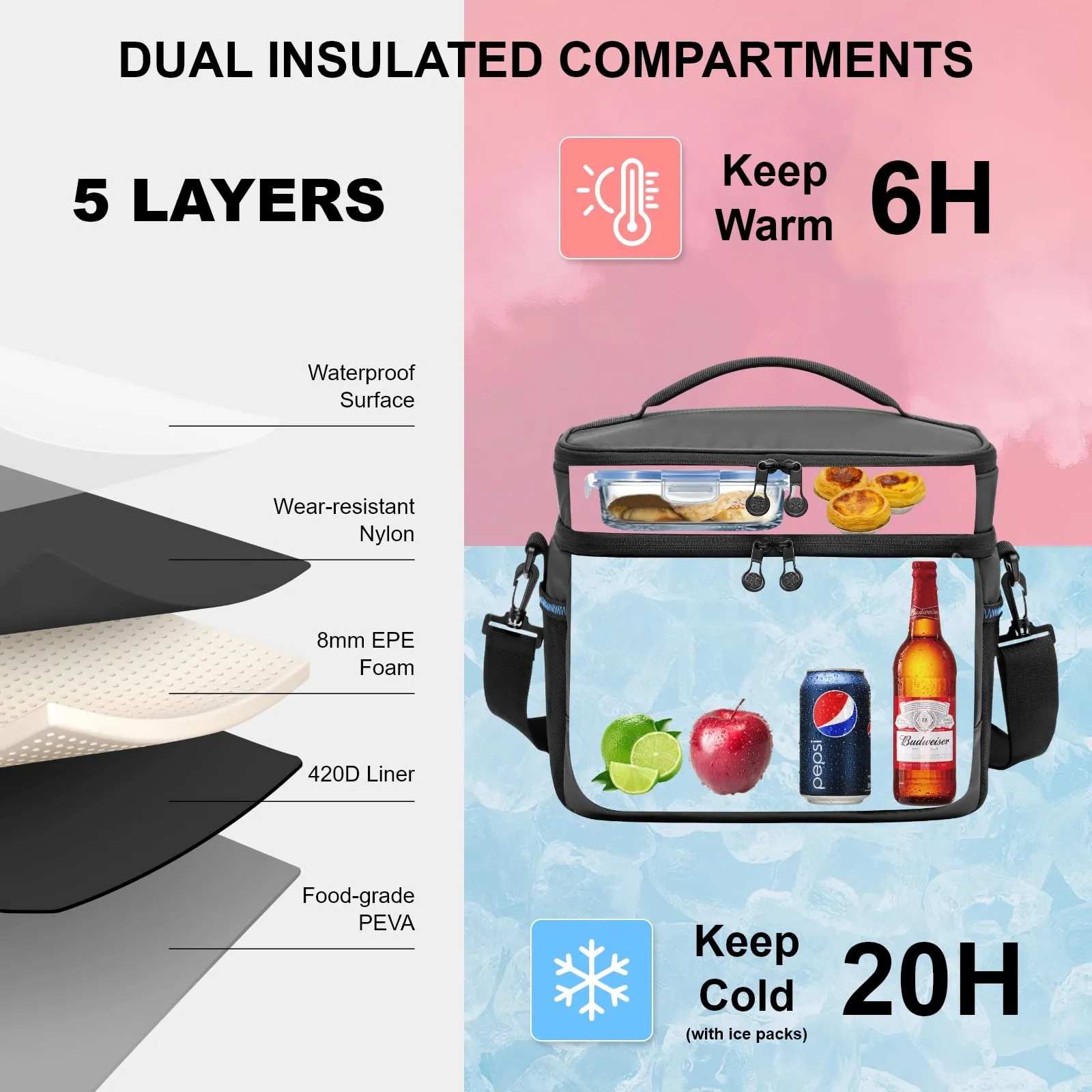 EVERFUN Small Cooler Bag Insulated Beach Cooler Lunch Bag for Men 24 Can Dual Compartments Reusable Waterproof Leak-Proof for Travel Work Picnic, Black