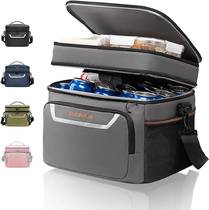 EVERFUN Small Cooler Bag Insulated Beach Cooler Lunch Bag for Men 24 Can Dual Compartments Reusable Waterproof Leak-Proof for Travel Work Picnic, Black