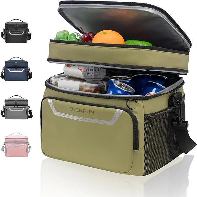 EVERFUN Small Cooler Bag Insulated Beach Cooler Lunch Bag for Men 24 Can Dual Compartments Reusable Waterproof Leak-Proof for Travel Work Picnic, Black