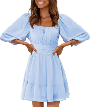 EXLURA Women's Lantern Sleeve Tie Back Summer Dress Ruffled Off Shoulder A-Line Vintage Mini Dress