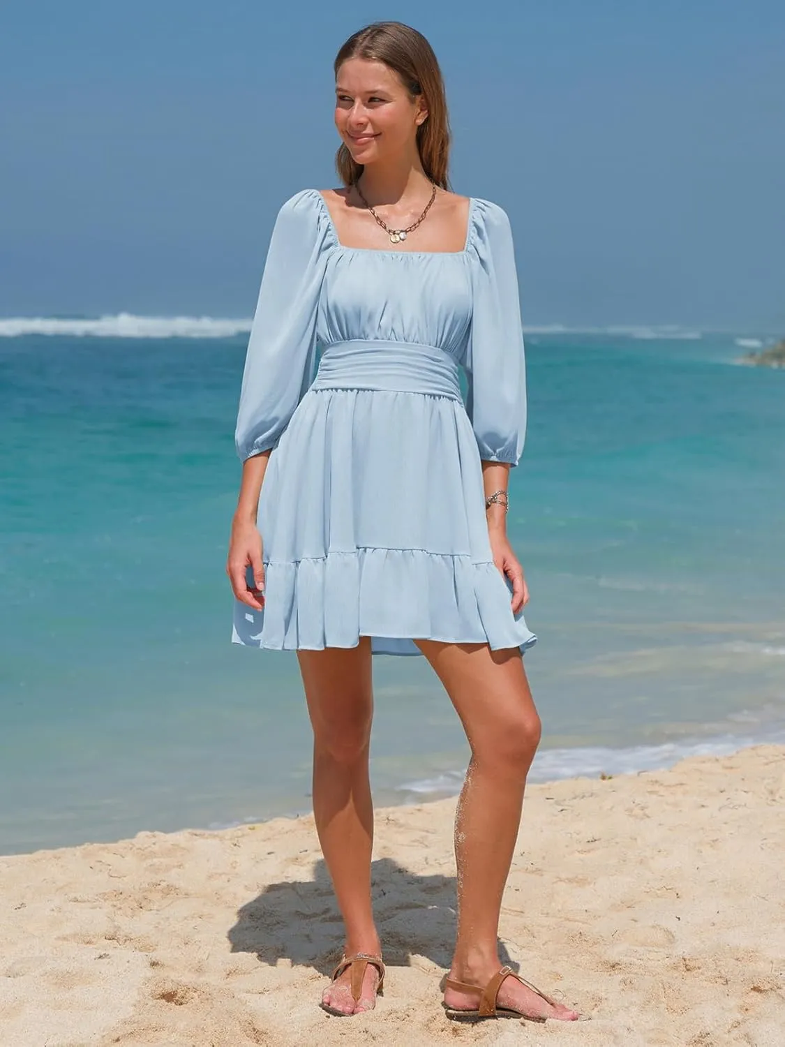 EXLURA Women's Lantern Sleeve Tie Back Summer Dress Ruffled Off Shoulder A-Line Vintage Mini Dress