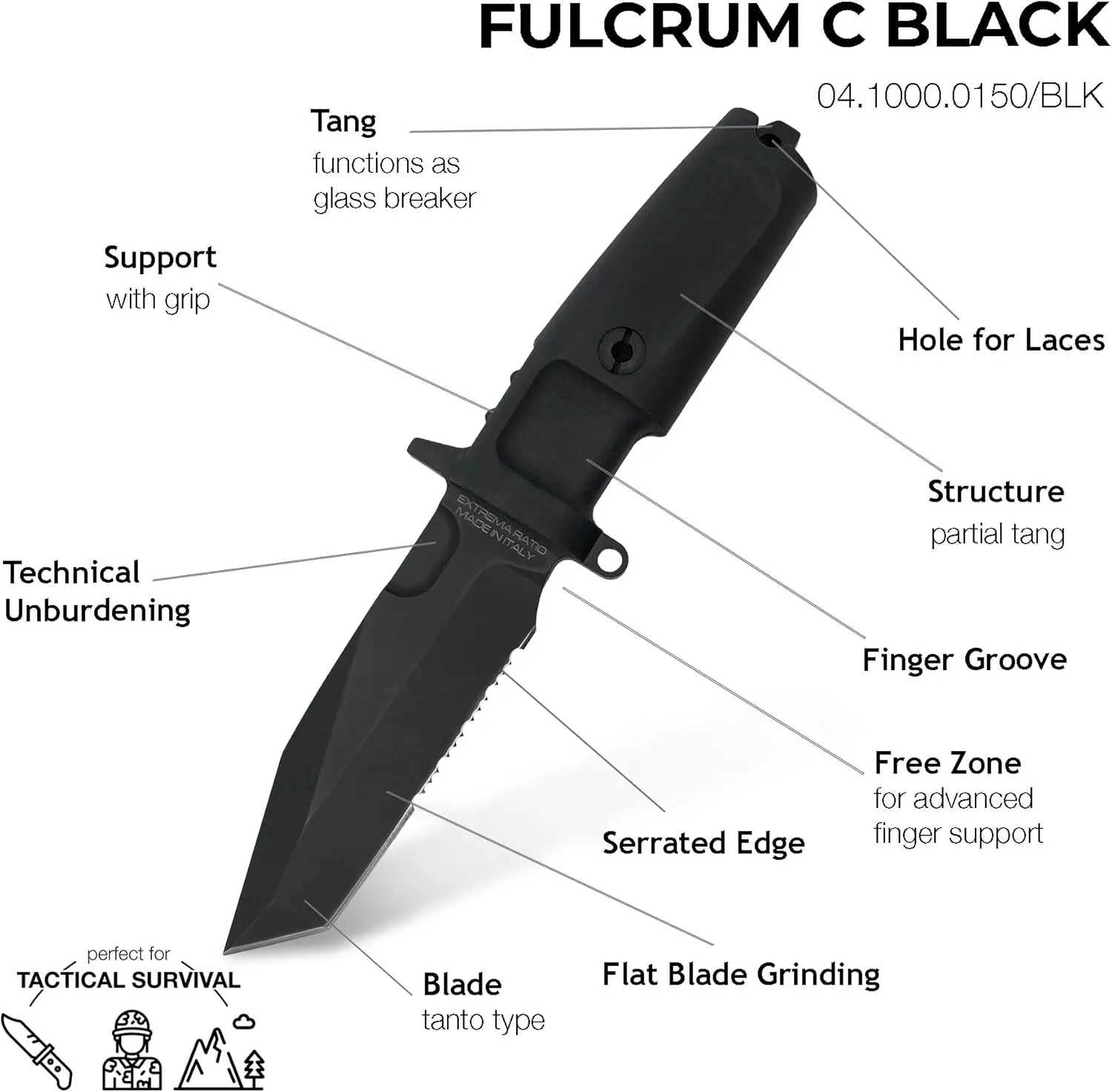 Extrema Ratio - Fulcrum C (Black) Fixed Blade Knife, Böhler N690 Steel Blade, Black Burnished Finish, 58 HRC Hardness, Compact, Ergonomic Forprene Handle, Handcrafted in Italy, Reliable