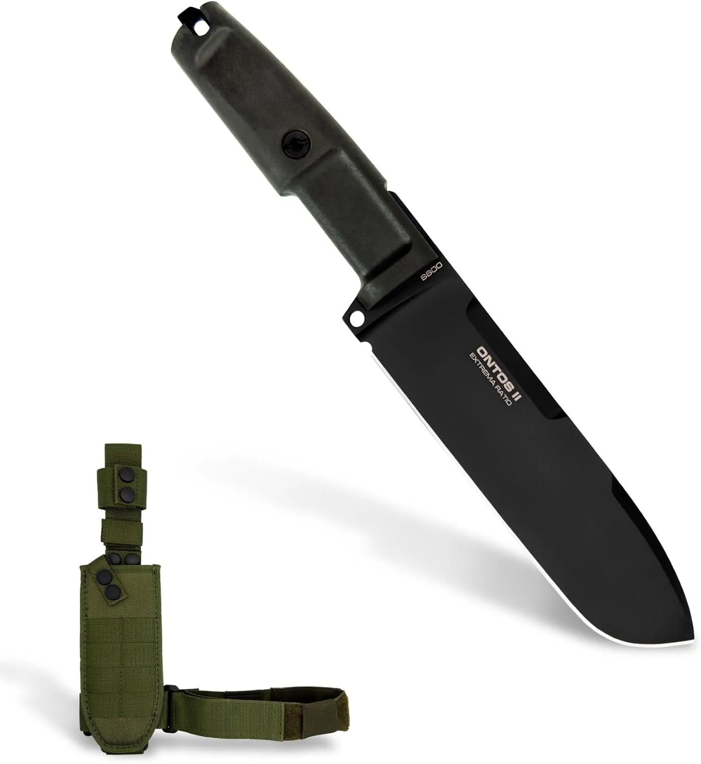 Extrema Ratio - Ontos II S600 (BLACK), Fixed Blade Knife, S600 steel blade hardened to 58 HRC, black burnished finish, paracord-wrapped handle, rear striking pommel, handcrafted in Italy
