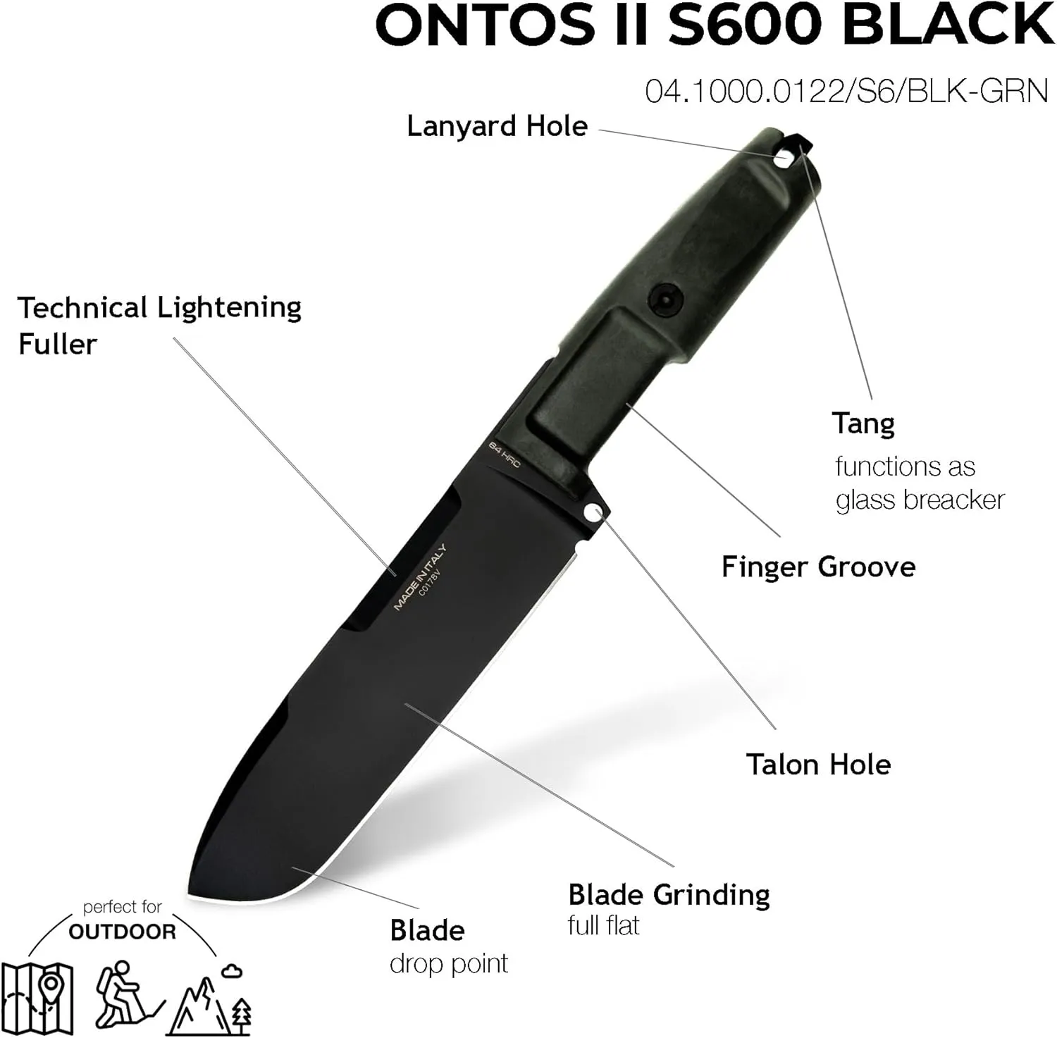 Extrema Ratio - Ontos II S600 (BLACK), Fixed Blade Knife, S600 steel blade hardened to 58 HRC, black burnished finish, paracord-wrapped handle, rear striking pommel, handcrafted in Italy