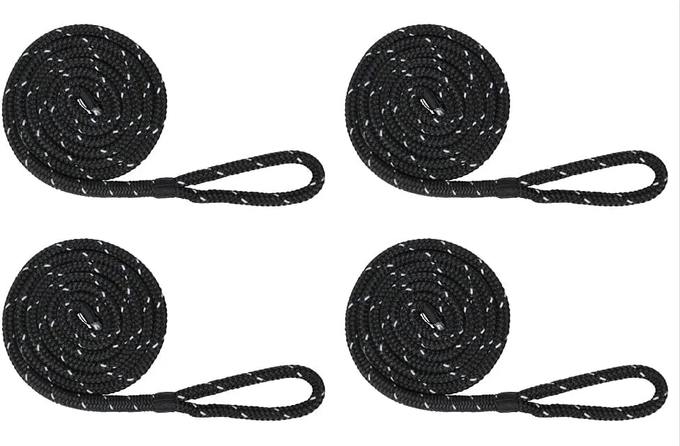 Extreme Max 3006.3412 BoatTector Premium Double Braid Nylon Fender Line Value 4-Pack - 3/8" x 6', Black with Reflective Tracer
