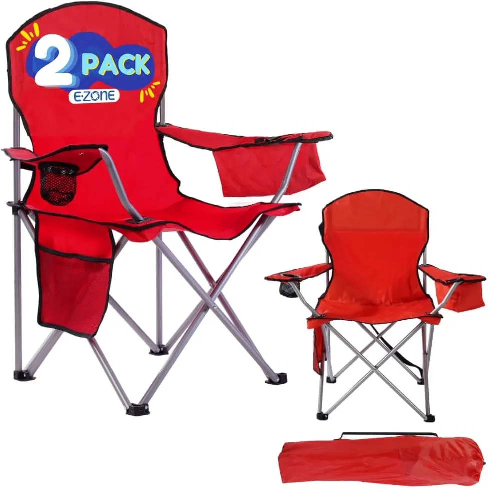 EZONE Set of 2 Camping Chairs with Built-in Ice Cooler, Portable Chair, Storage Pocket, Cup Holder, and Carry Bag Perfect for Camping, Tailgating, Fishing, Beach, and Lawn (2, Red)