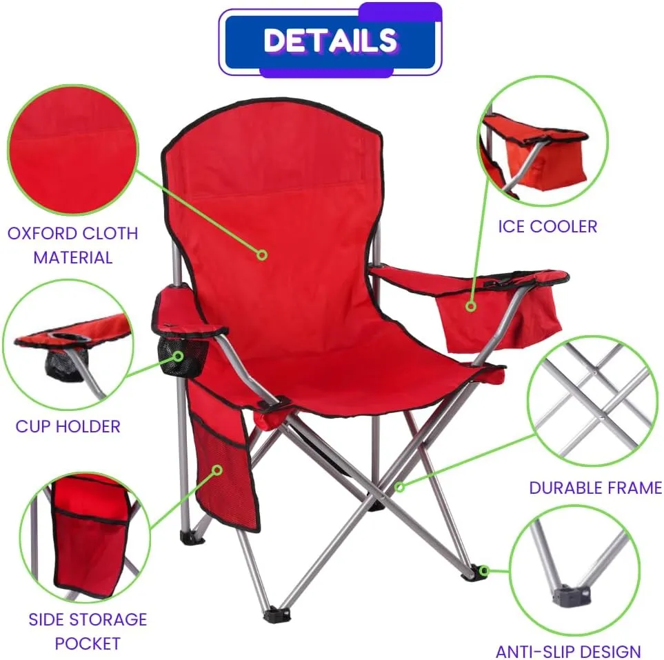 EZONE Set of 2 Camping Chairs with Built-in Ice Cooler, Portable Chair, Storage Pocket, Cup Holder, and Carry Bag Perfect for Camping, Tailgating, Fishing, Beach, and Lawn (2, Red)