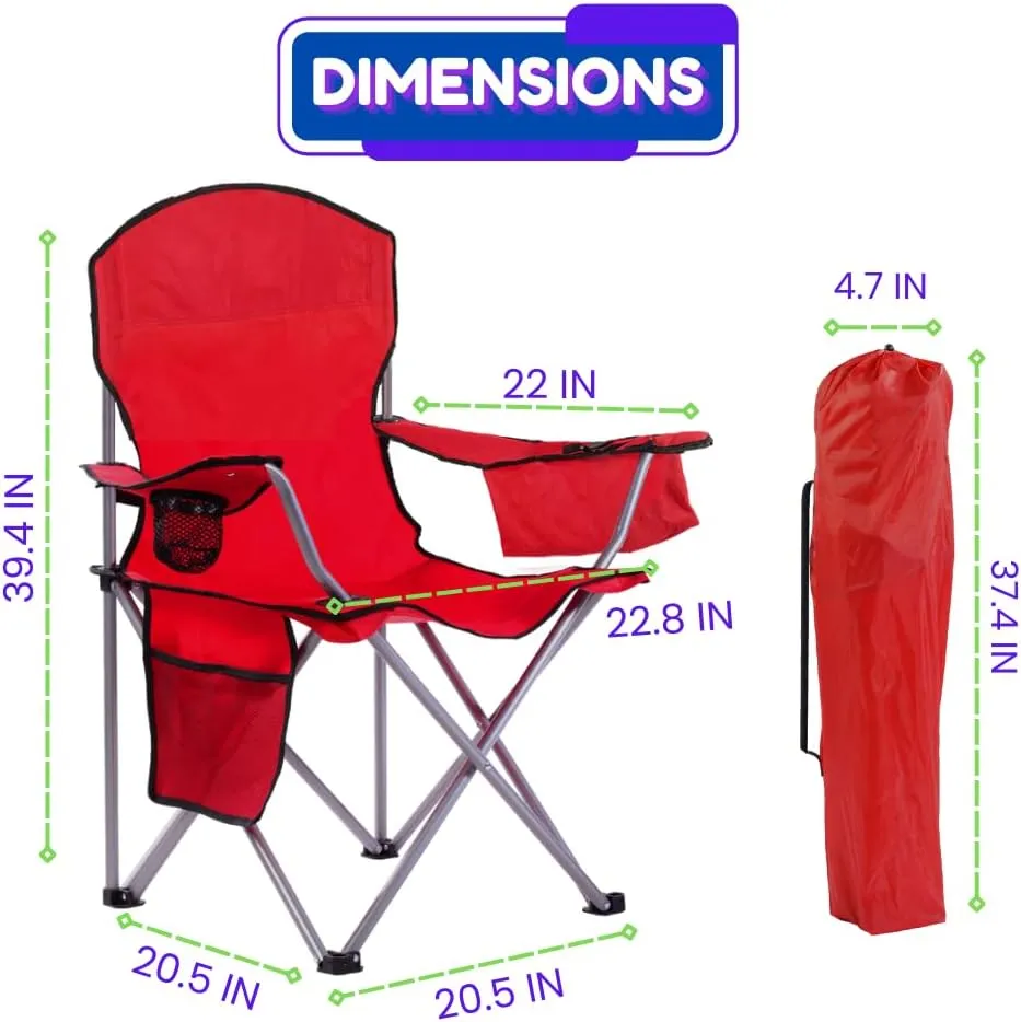 EZONE Set of 2 Camping Chairs with Built-in Ice Cooler, Portable Chair, Storage Pocket, Cup Holder, and Carry Bag Perfect for Camping, Tailgating, Fishing, Beach, and Lawn (2, Red)