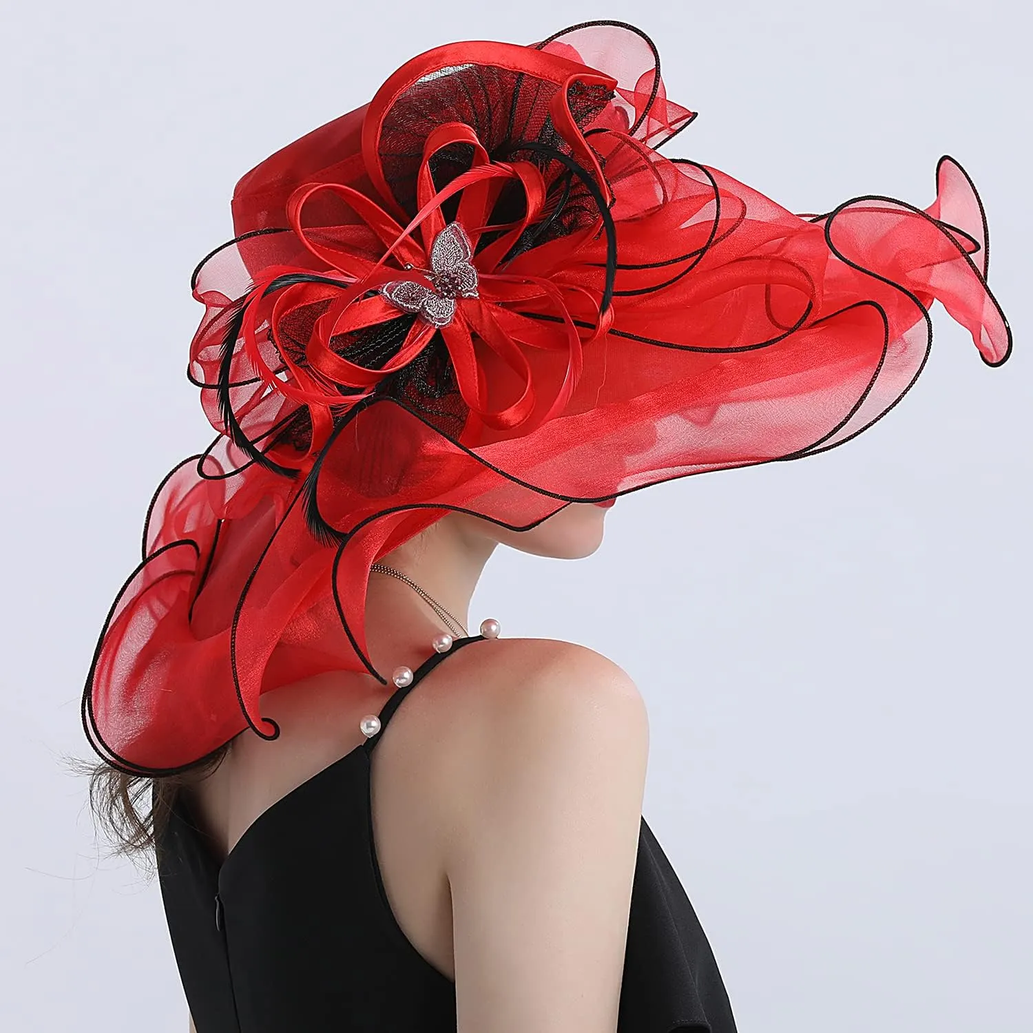 FADVES Women's Wide Brim Organza Tea Derby Sun Hat Butterfly Decoration Tea Party Wedding Bridal Church Fascinator…
