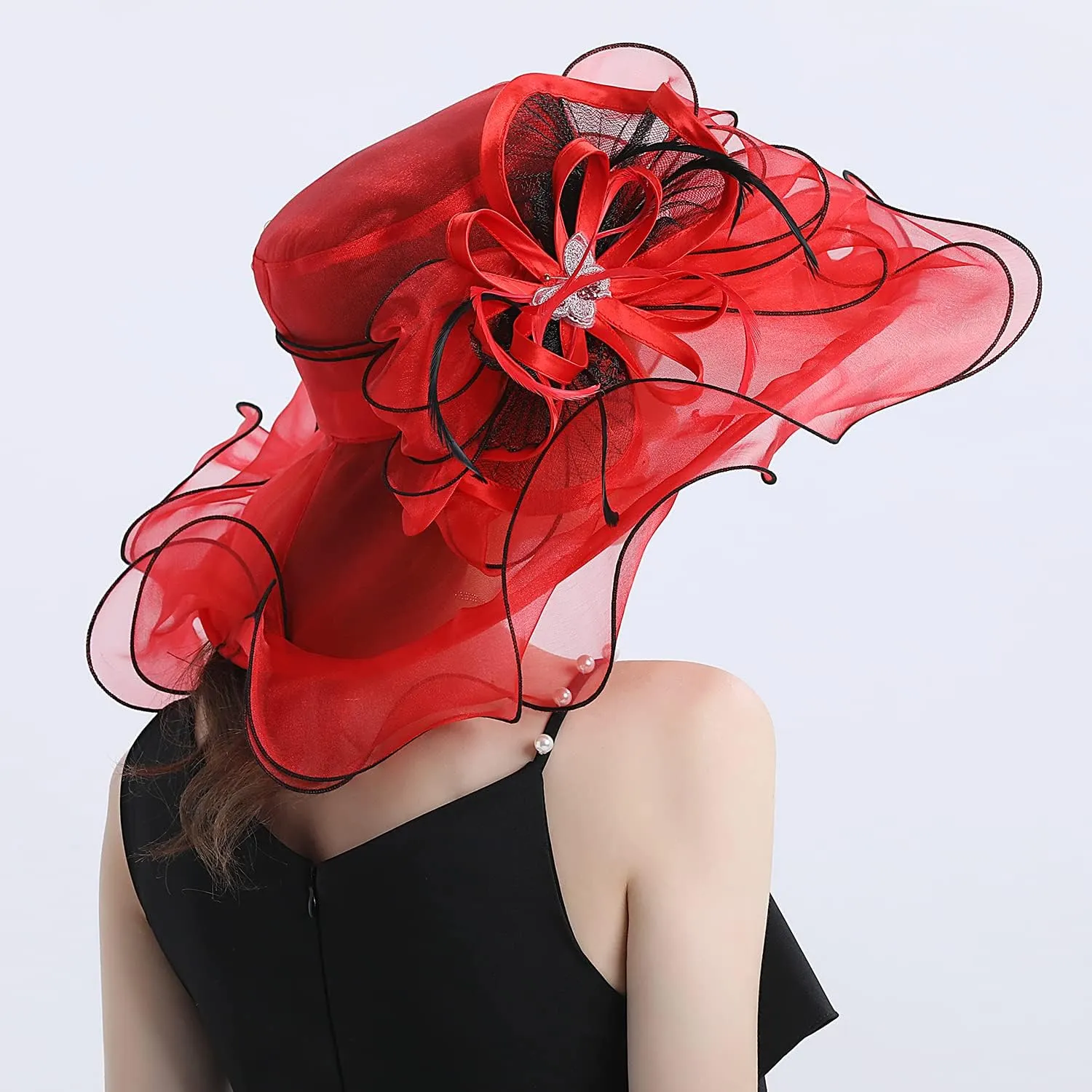 FADVES Women's Wide Brim Organza Tea Derby Sun Hat Butterfly Decoration Tea Party Wedding Bridal Church Fascinator…