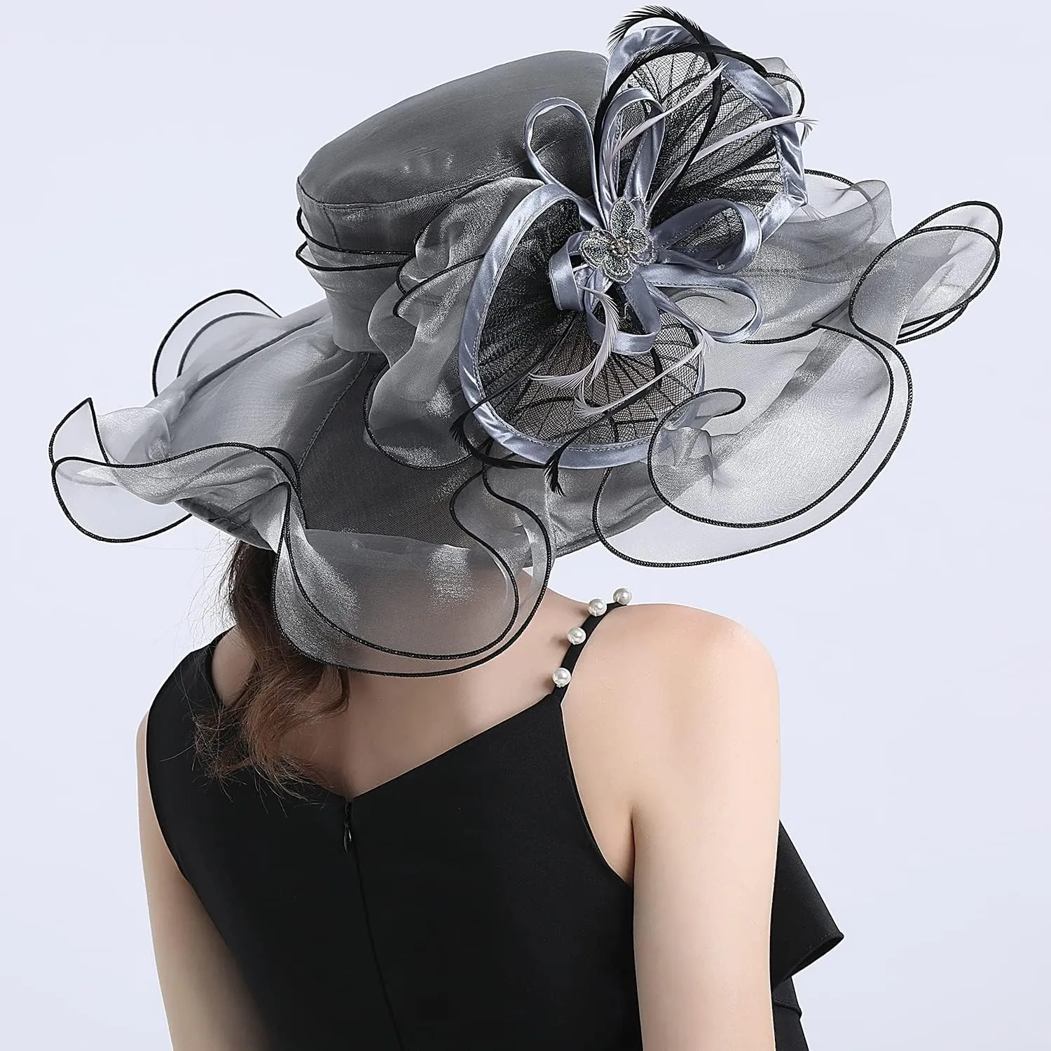 FADVES Women's Wide Brim Organza Tea Derby Sun Hat Butterfly Decoration Tea Party Wedding Bridal Church Fascinator…