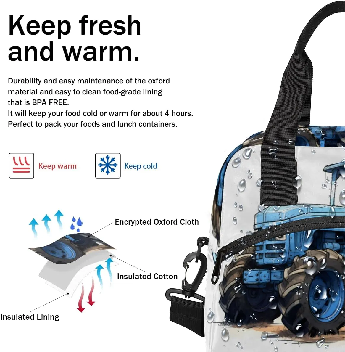Farmland Vehicle Insulated Lunch Bag for Women Men Adults Large Reusable Lunch Box Leakproof Portable Cooler Tote Bags with Adjustable Shoulder Strap