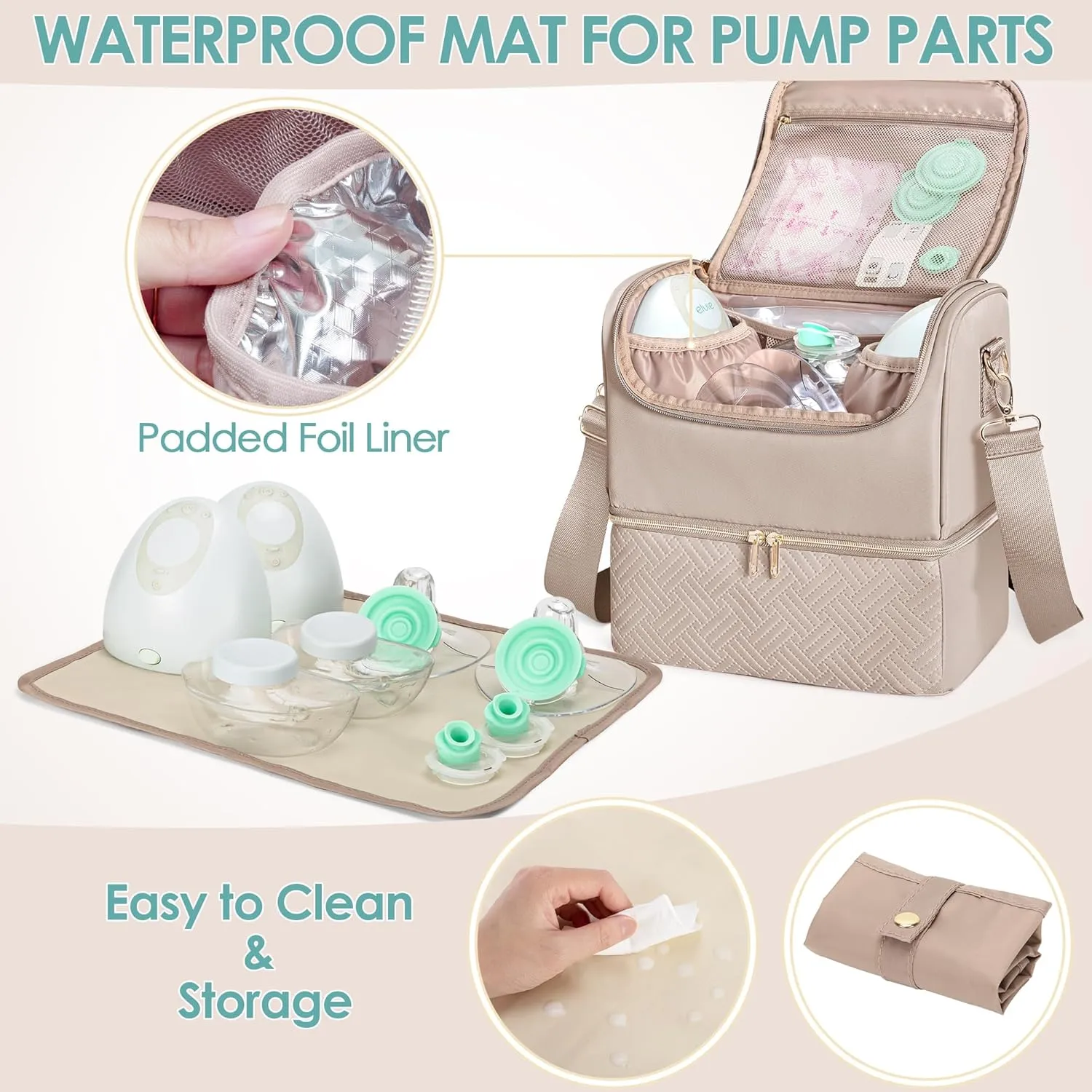Fasrom Breast Pump Bag with Cooler Compartment Compatible with Momcozy, Medela and Willow Hands Free Pump, Pumping Tote with Waterproof Mat, Camel