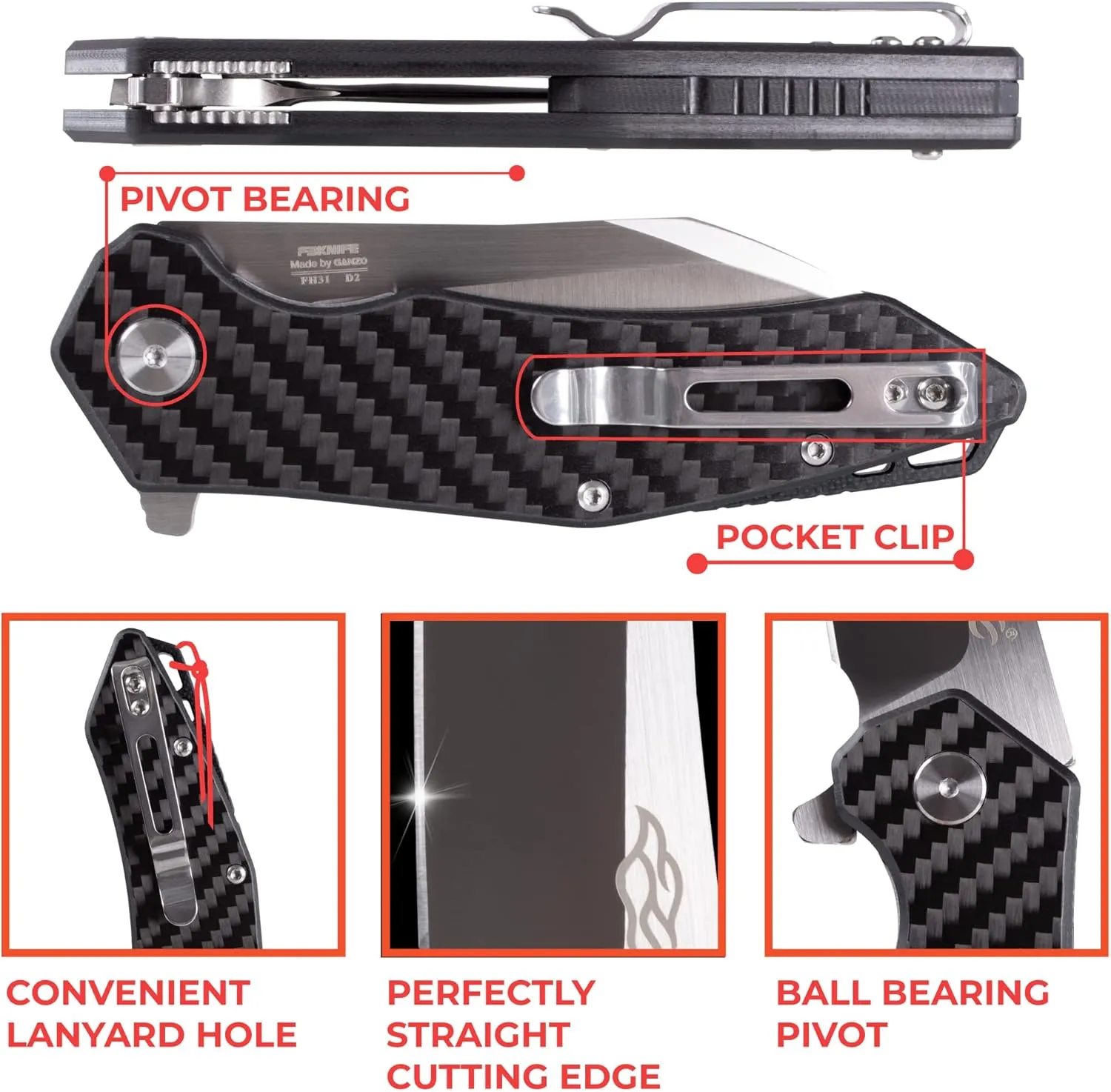 Firebird GANZO FH31 Folding Pocket Knife D2 Steel Wharncliffe Blade Ergonomic G10 Handle with Clip Hunting Fishing Flipper Camping Outdoor EDC Knife