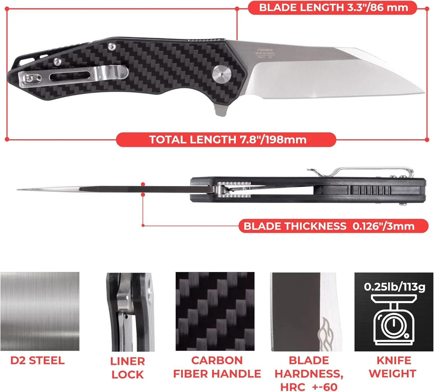 Firebird GANZO FH31 Folding Pocket Knife D2 Steel Wharncliffe Blade Ergonomic G10 Handle with Clip Hunting Fishing Flipper Camping Outdoor EDC Knife