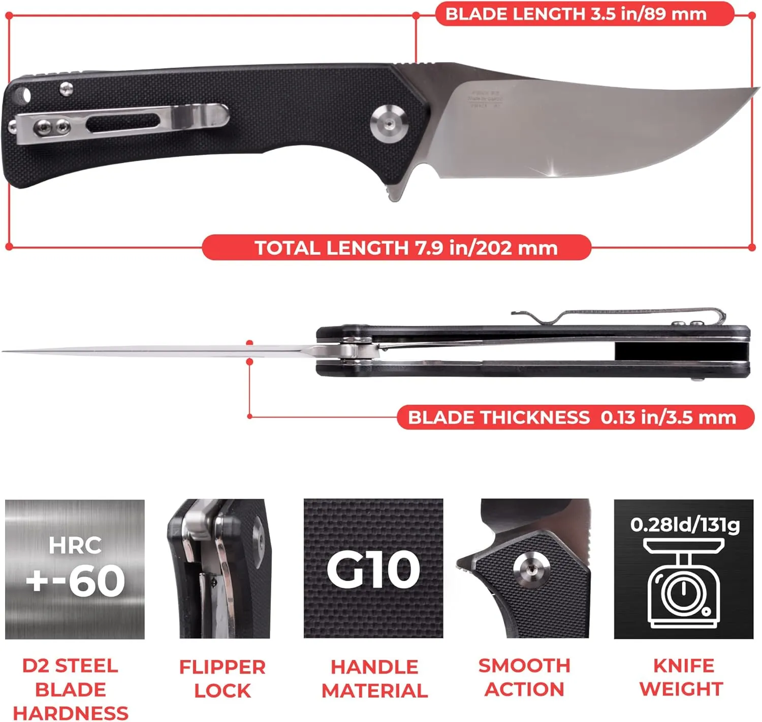 Firebird GANZO FH923-BK Folding Pocket Knife Razor Sharp D2 Steel Blade Ergonomic G10 Anti-Slip Handle with Clip Camping Hunting Fishing Gear Outdoor Folder EDC Pocket Knife (Black)