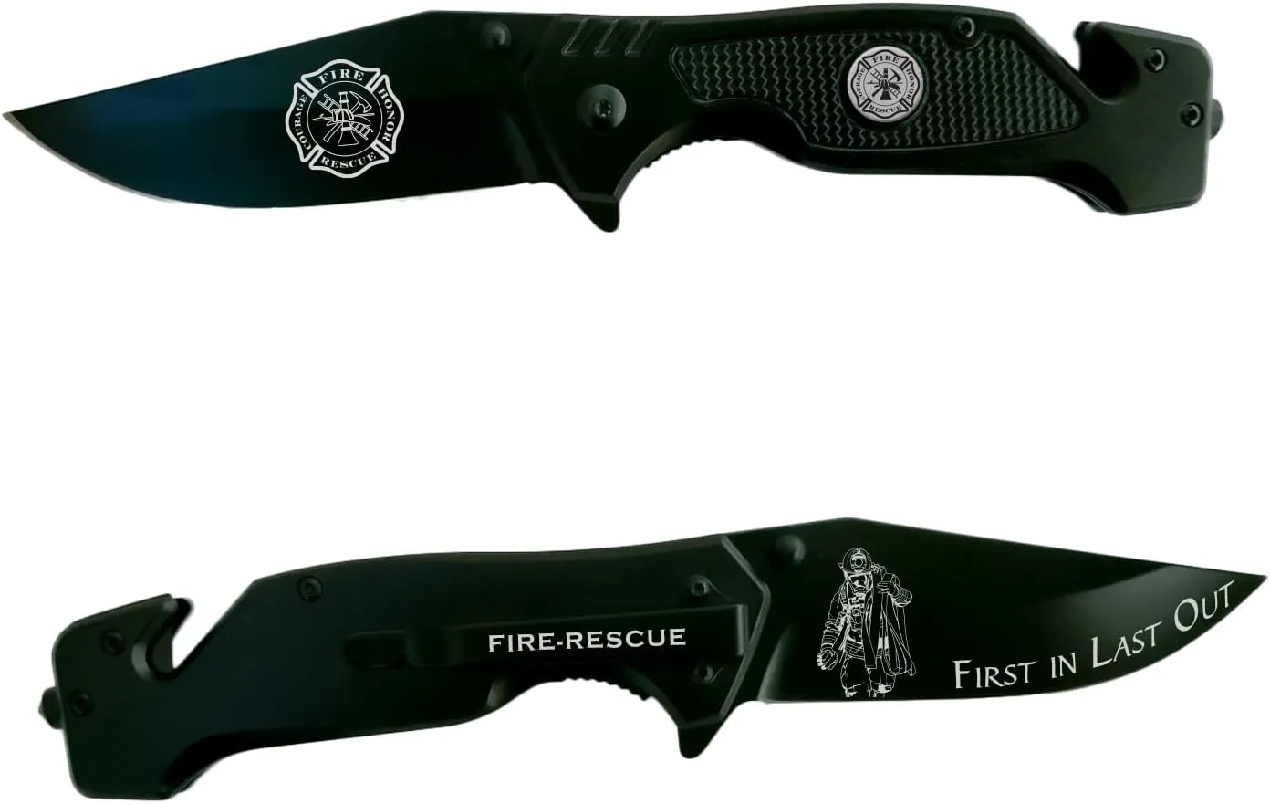 Firefighter Black Stealth Elite Folding Tactical Knife - Fireman Rescue Knife - First Responder Gift - Service Disabled Veteran Owned Small Business