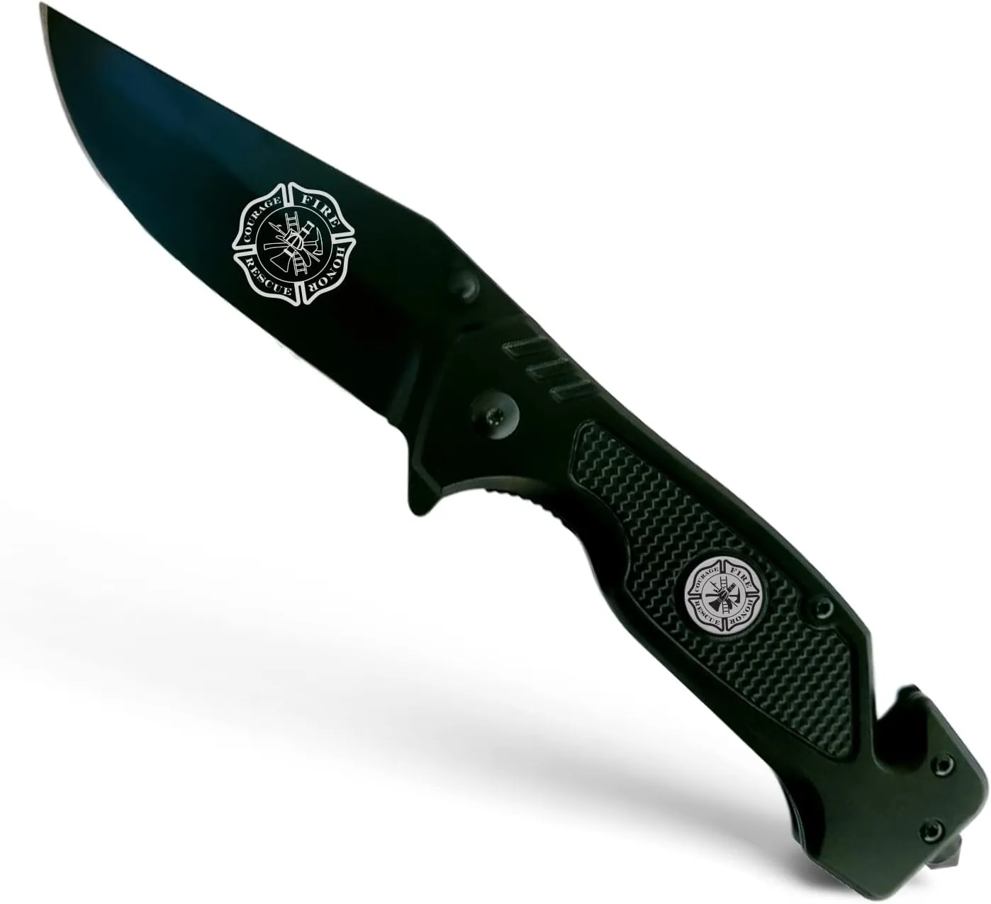 Firefighter Black Stealth Elite Folding Tactical Knife - Fireman Rescue Knife - First Responder Gift - Service Disabled Veteran Owned Small Business