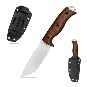Fixed Blade Knife DC53 Steel Micarta Handle Kydex Sheath for EDC Outdoor Camping Survival Hunting (White Stone Wash)