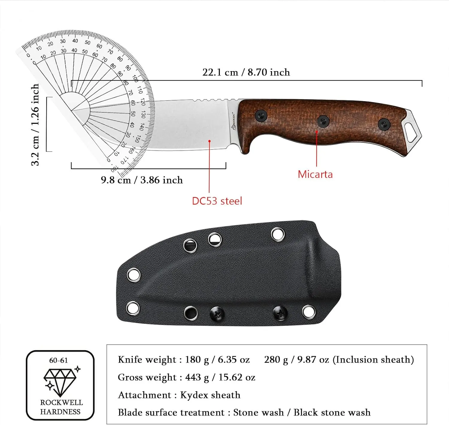 Fixed Blade Knife DC53 Steel Micarta Handle Kydex Sheath for EDC Outdoor Camping Survival Hunting (White Stone Wash)